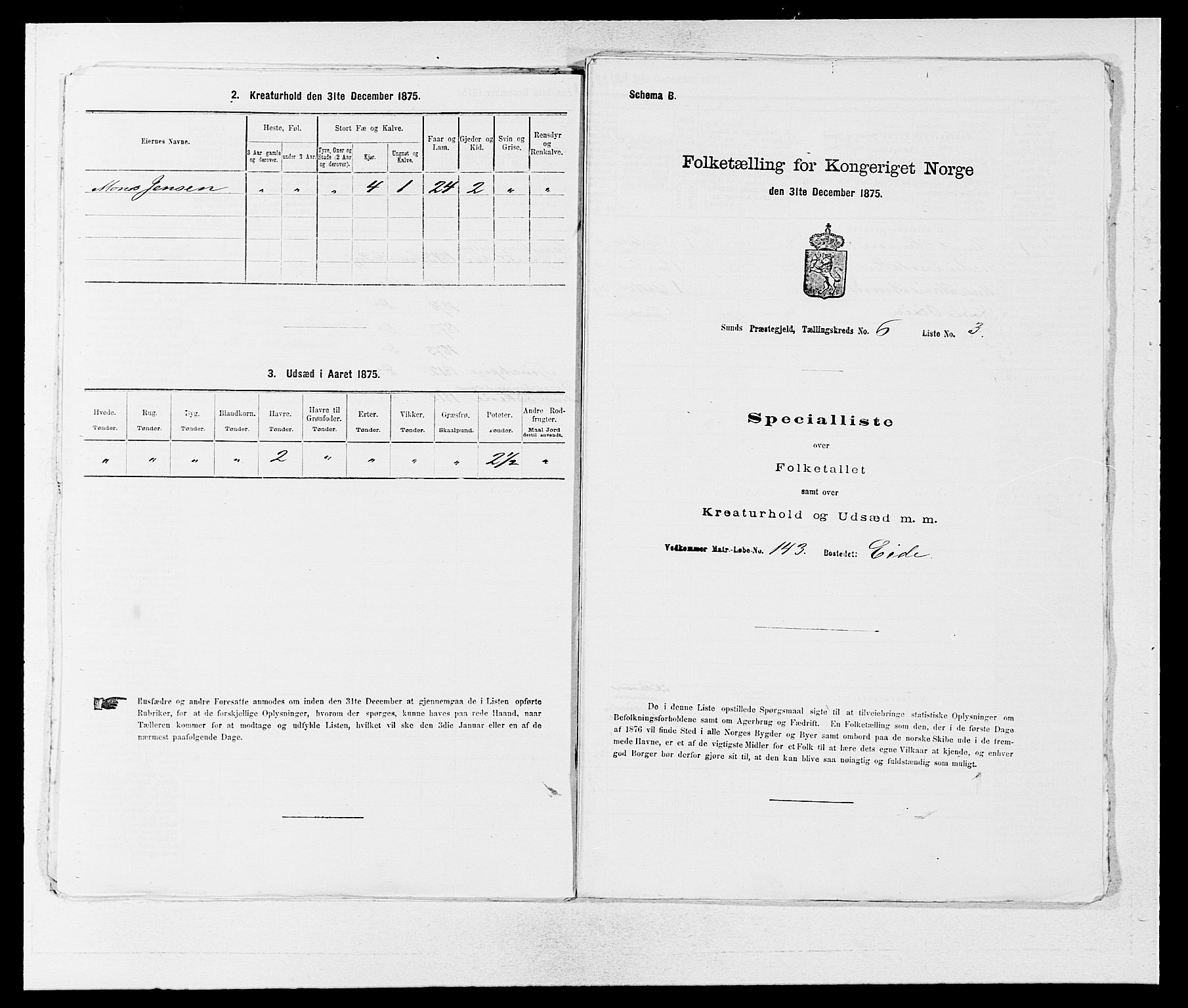 SAB, 1875 census for 1245P Sund, 1875, p. 581