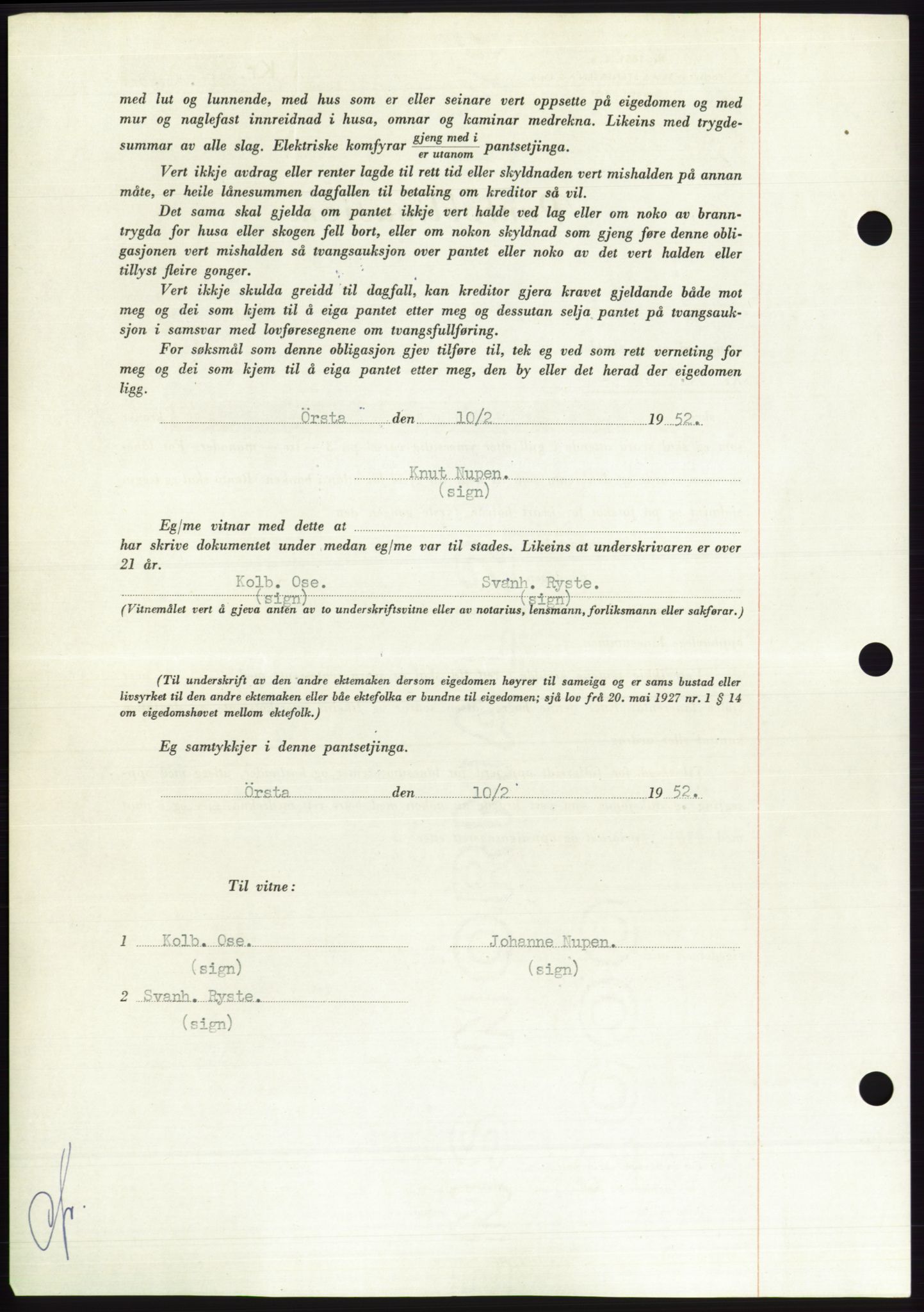 Søre Sunnmøre sorenskriveri, AV/SAT-A-4122/1/2/2C/L0121: Mortgage book no. 9B, 1951-1952, Diary no: : 346/1952