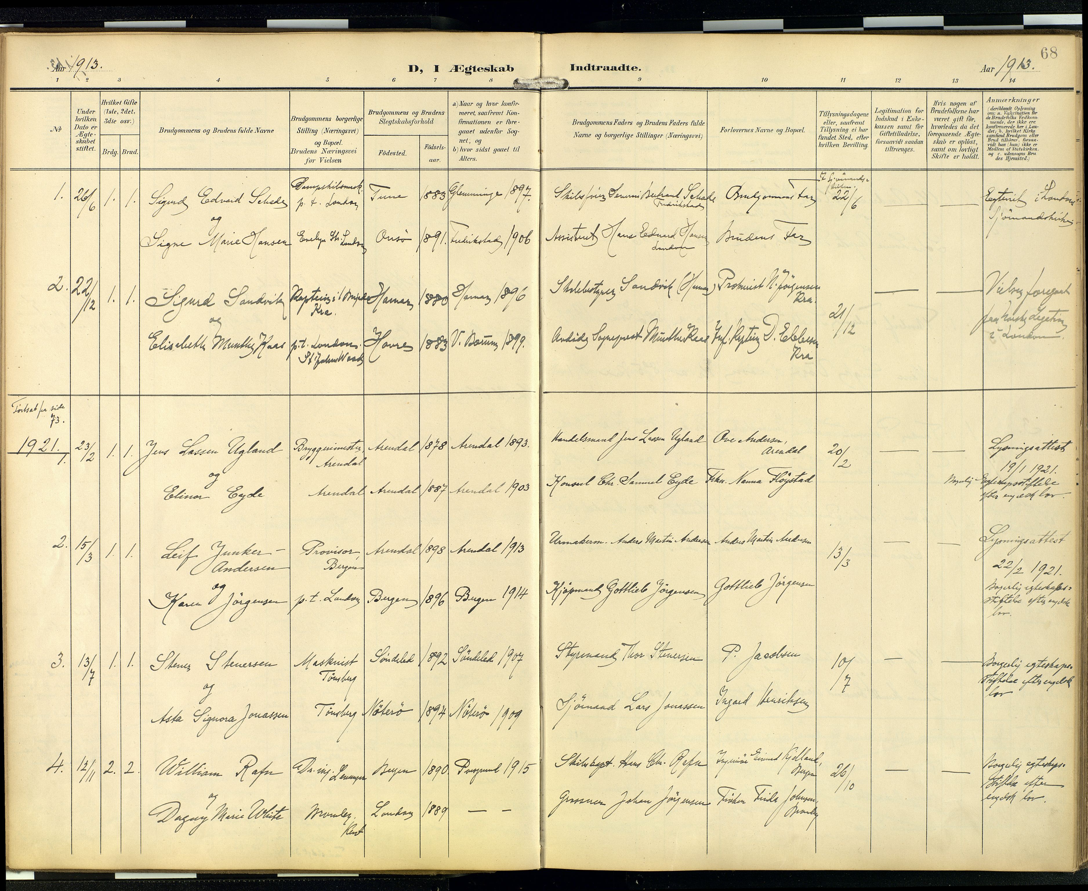  Den norske sjømannsmisjon i utlandet/London m/bistasjoner, SAB/SAB/PA-0103/H/Ha/L0003: Parish register (official) no. A 3, 1903-1934, p. 67b-68a