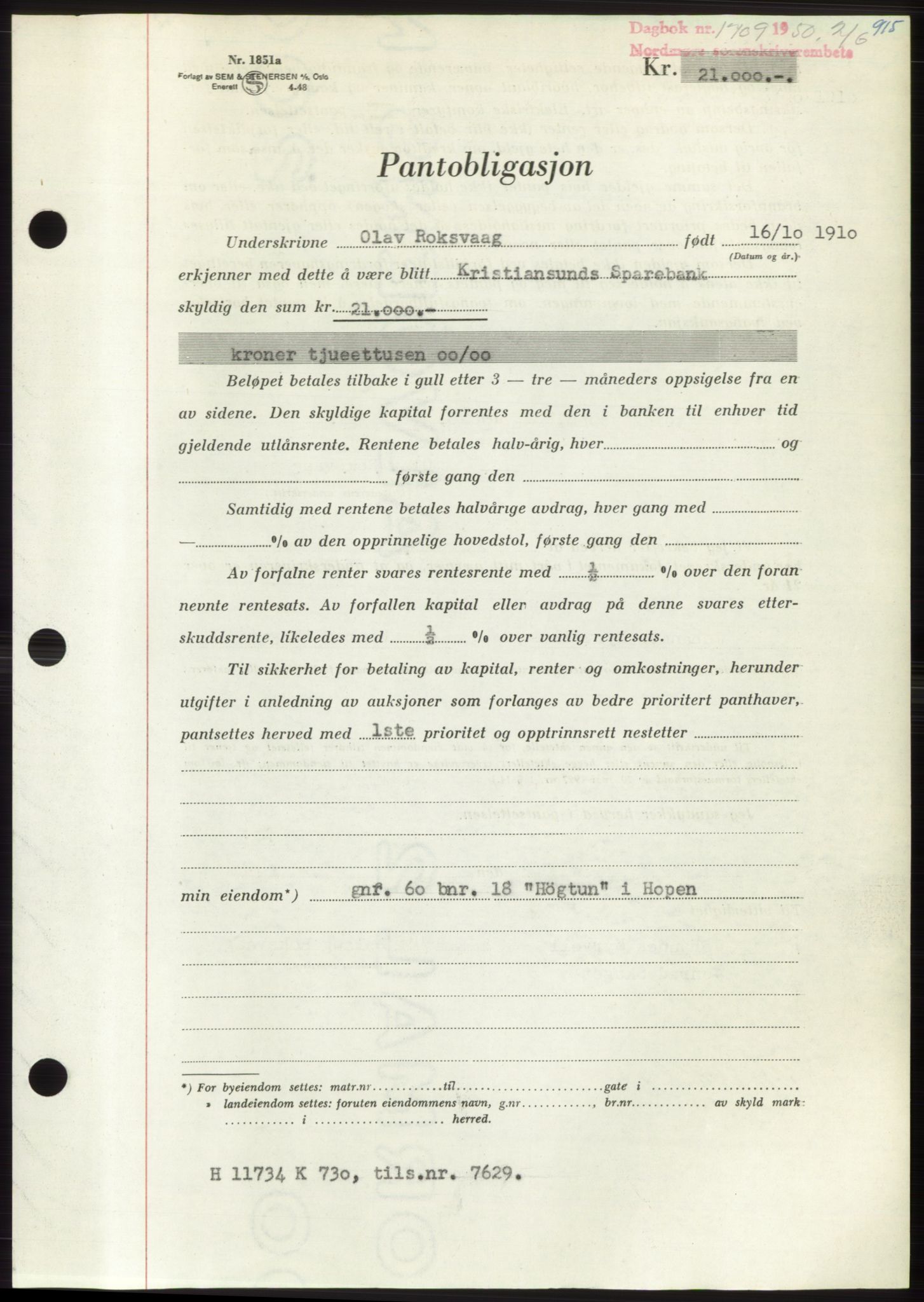 Nordmøre sorenskriveri, AV/SAT-A-4132/1/2/2Ca: Mortgage book no. B104, 1950-1950, Diary no: : 1709/1950