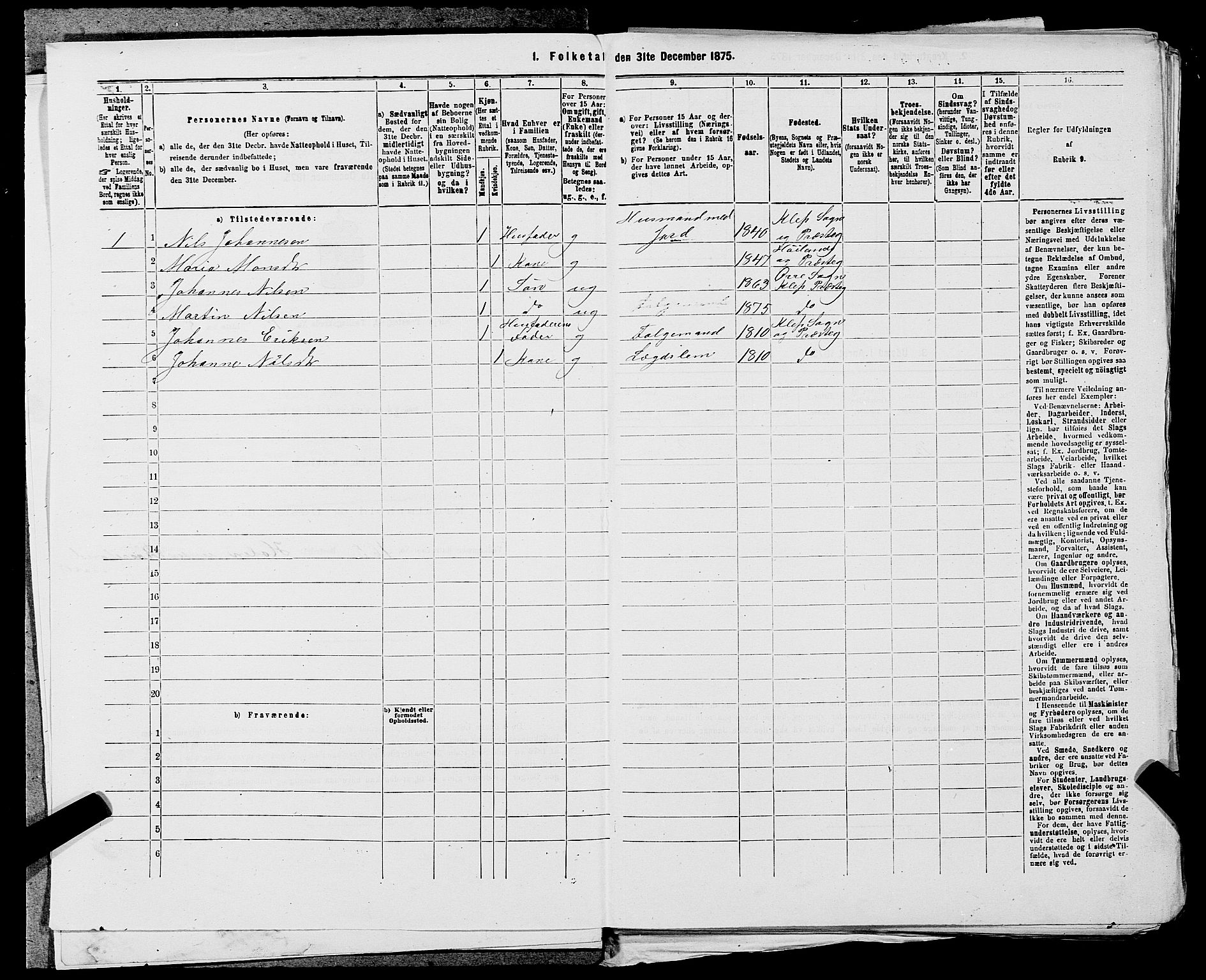 SAST, 1875 census for 1120P Klepp, 1875, p. 52