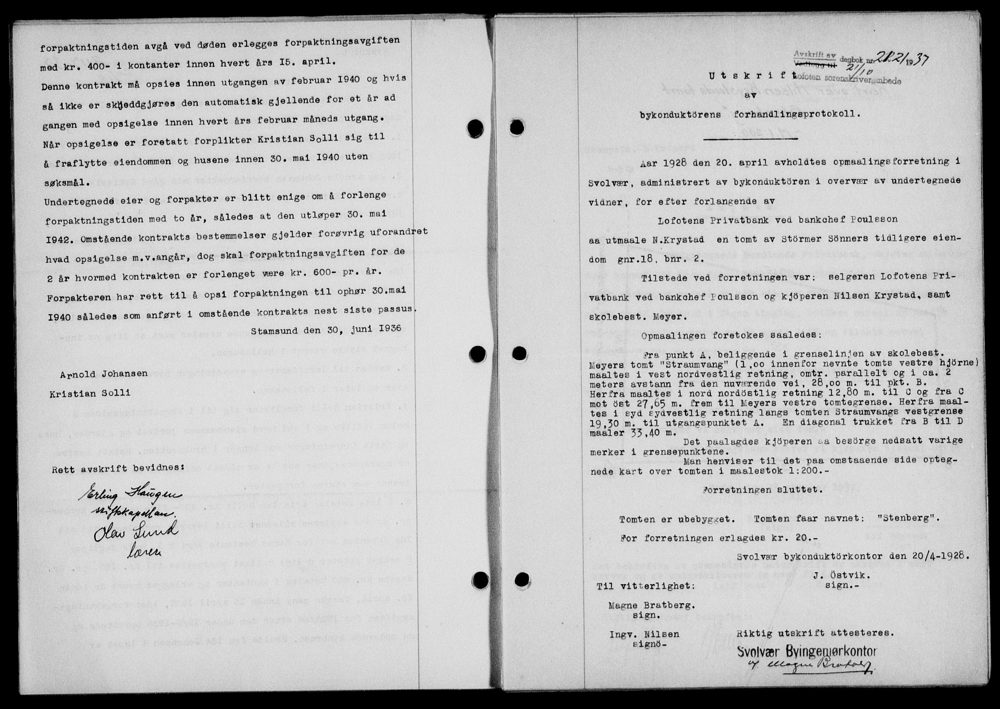 Lofoten sorenskriveri, SAT/A-0017/1/2/2C/L0003a: Mortgage book no. 3a, 1937-1938, Diary no: : 2121/1937