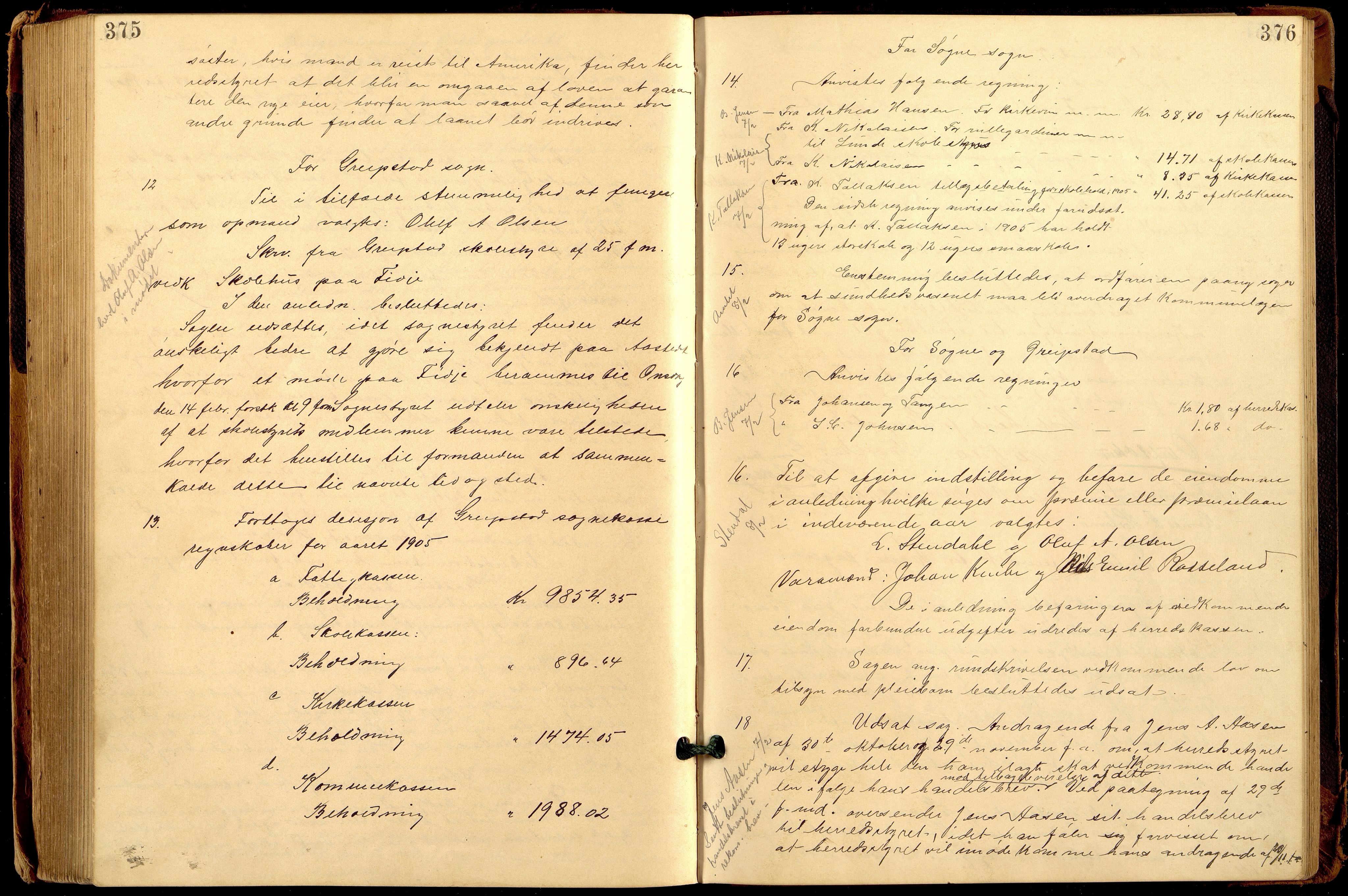 Søgne og Greipstad kommune - Formannskapet, ARKSOR/1018SG120/A/L0006: Møtebok (d), 1901-1909, p. 375-376