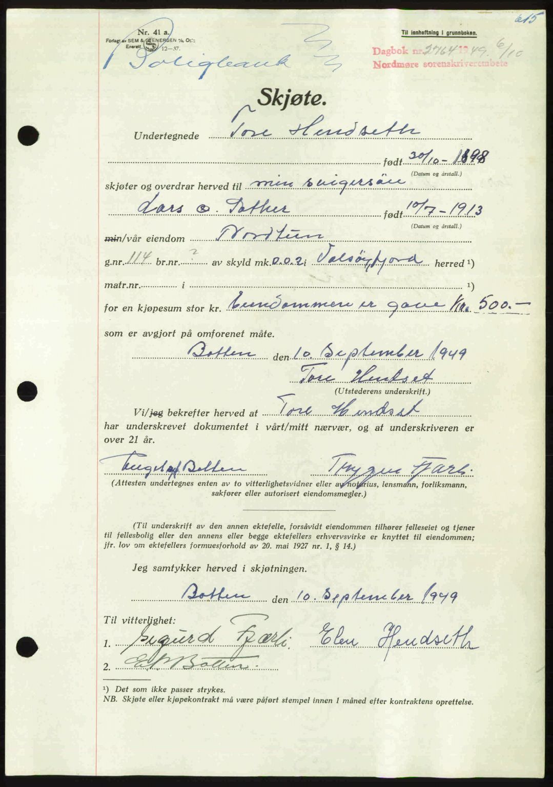 Nordmøre sorenskriveri, AV/SAT-A-4132/1/2/2Ca: Mortgage book no. A112, 1949-1949, Diary no: : 2764/1949