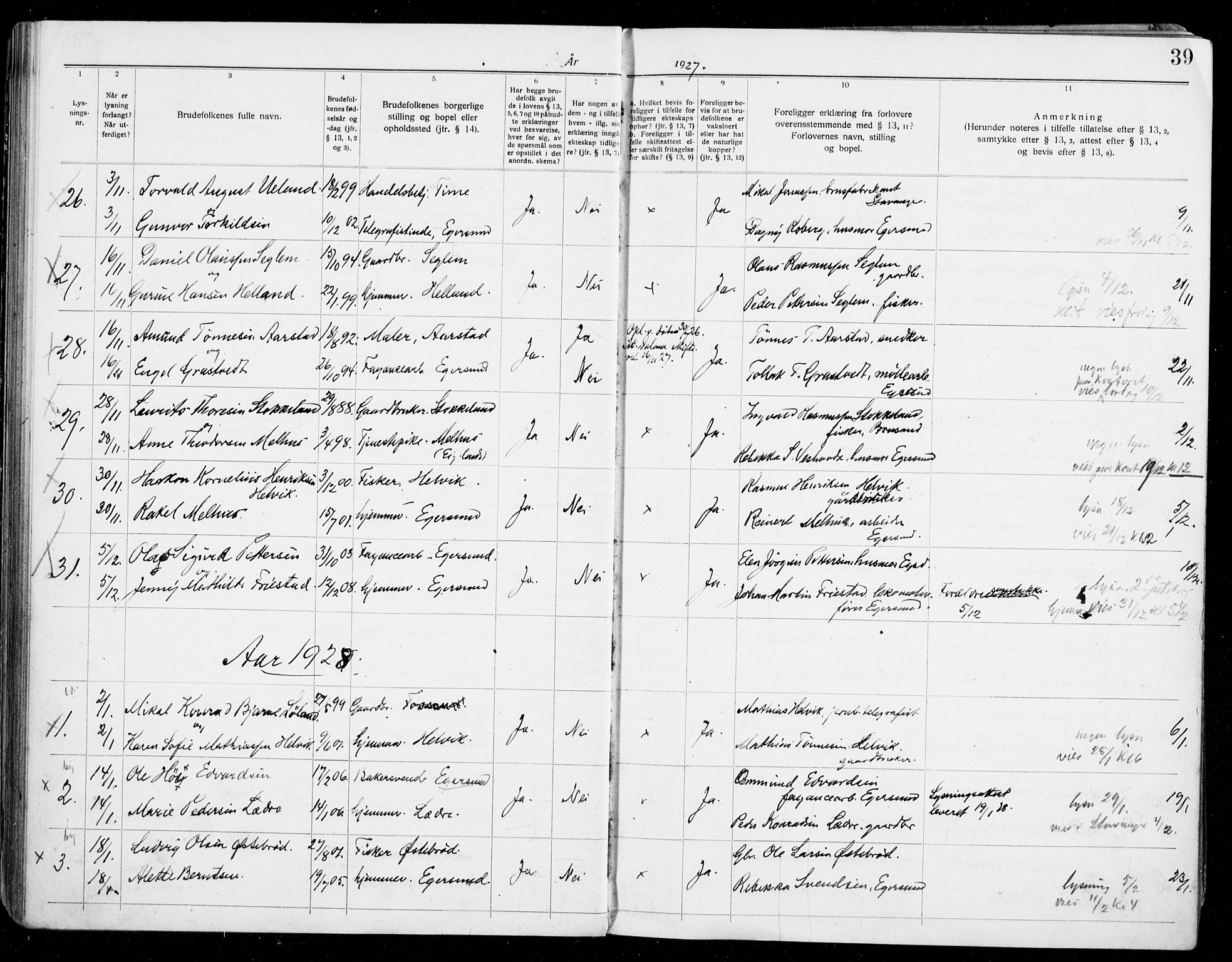 Eigersund sokneprestkontor, SAST/A-101807/S27/L0003: Banns register no. 3, 1919-1939, p. 39