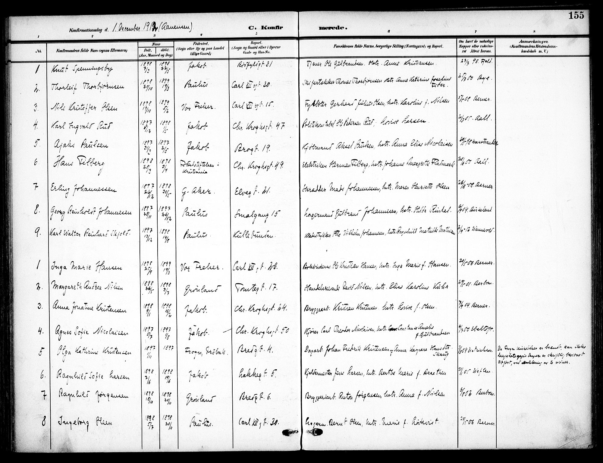 Vaterland prestekontor Kirkebøker, AV/SAO-A-10880/F/Fa/L0001: Parish register (official) no. 1, 1907-1930, p. 155