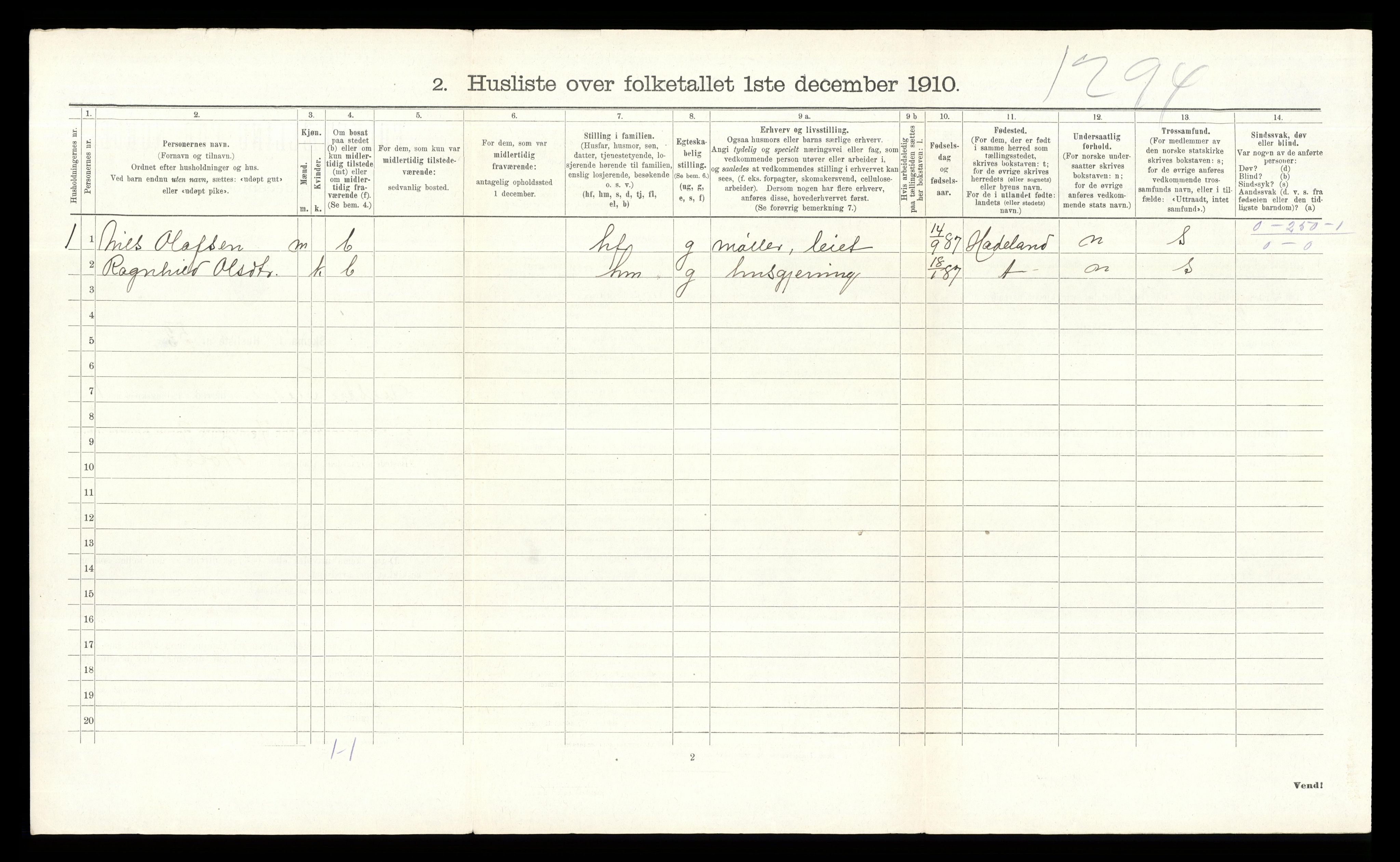 RA, 1910 census for Vestre Slidre, 1910, p. 150