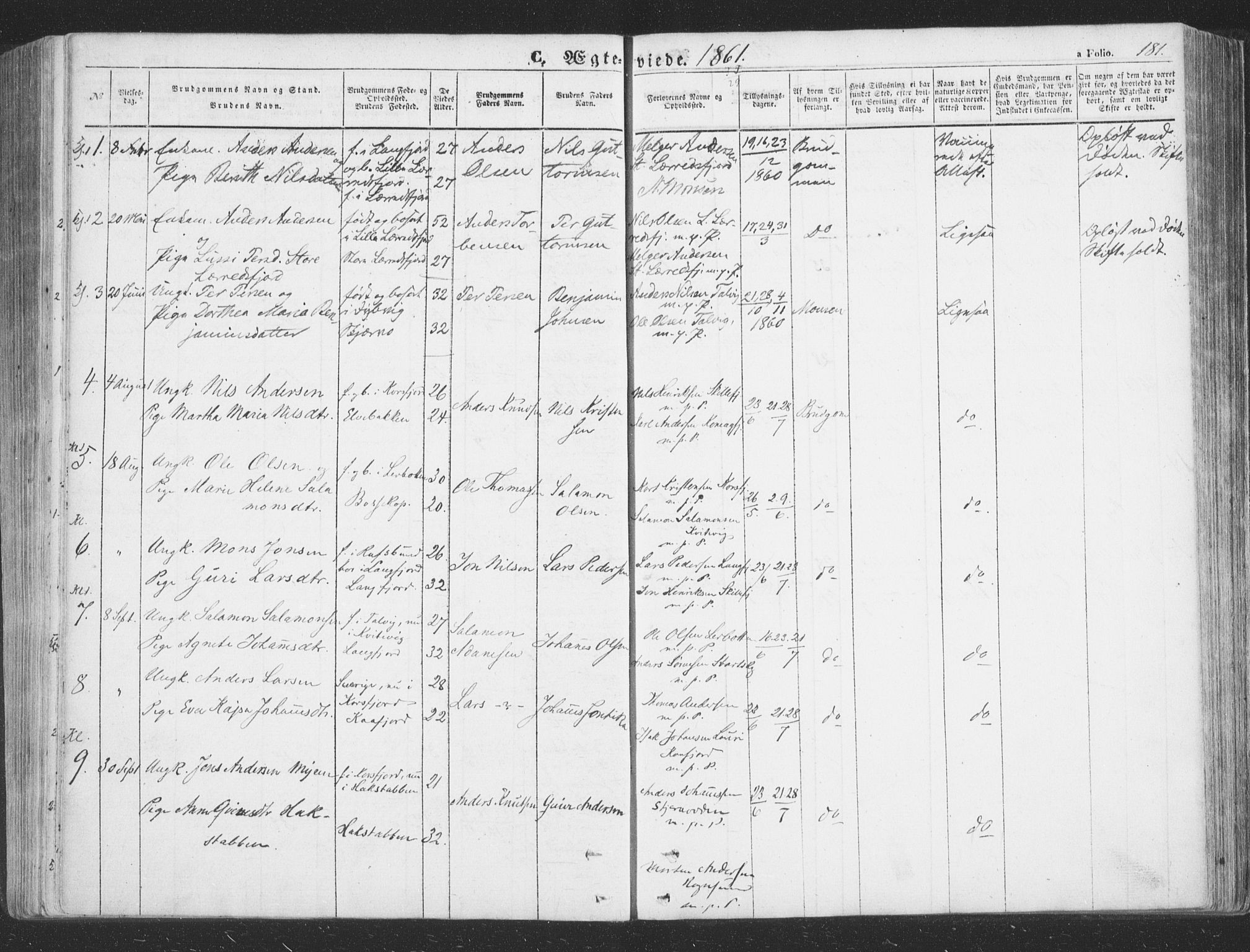 Talvik sokneprestkontor, AV/SATØ-S-1337/H/Ha/L0010kirke: Parish register (official) no. 10, 1852-1864, p. 181