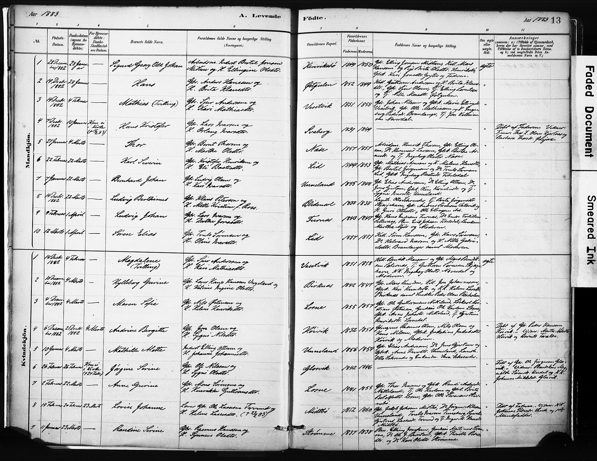 Gulen sokneprestembete, SAB/A-80201/H/Haa/Haab/L0001: Parish register (official) no. B 1, 1881-1905, p. 13