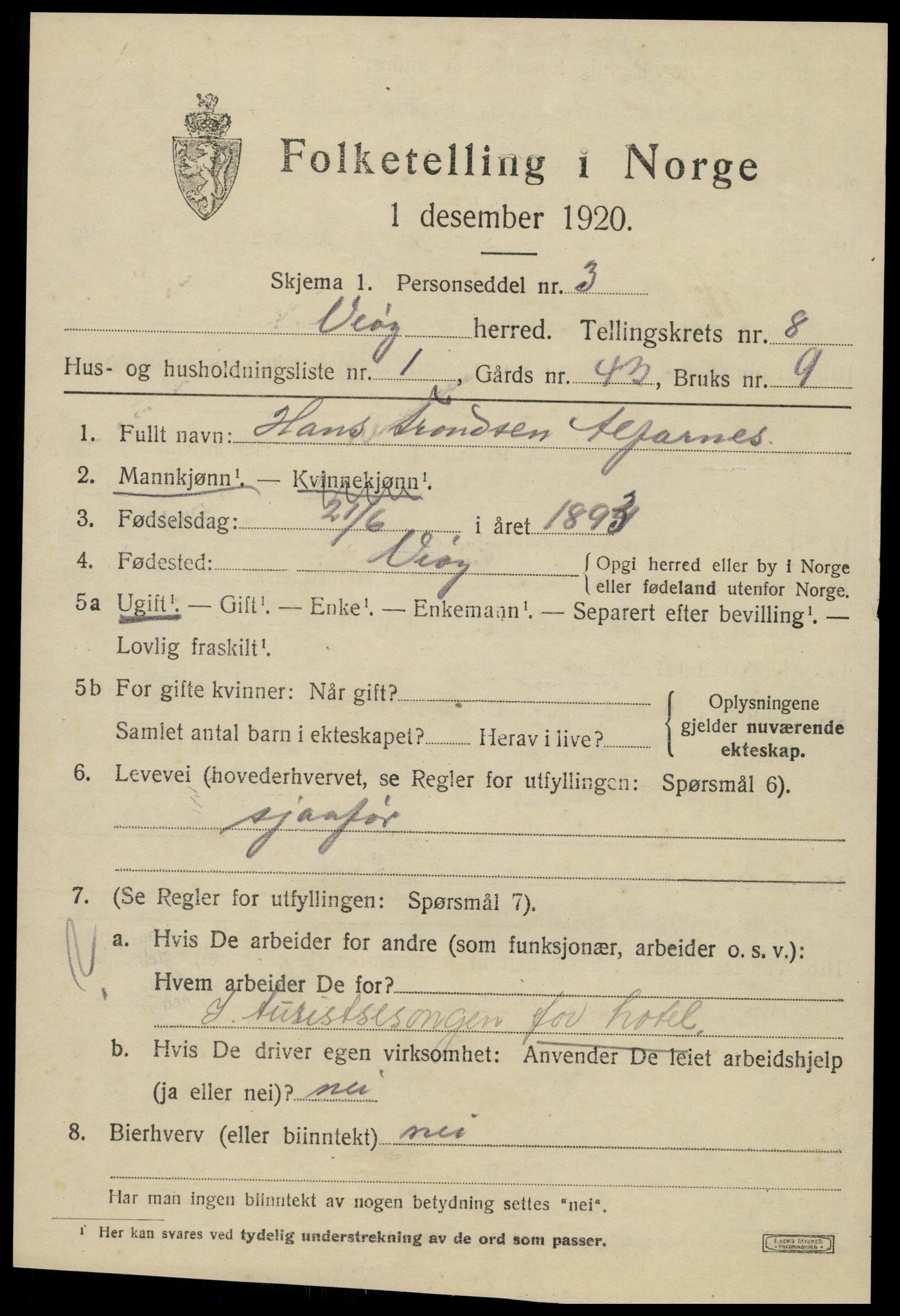 SAT, 1920 census for Veøy, 1920, p. 3543