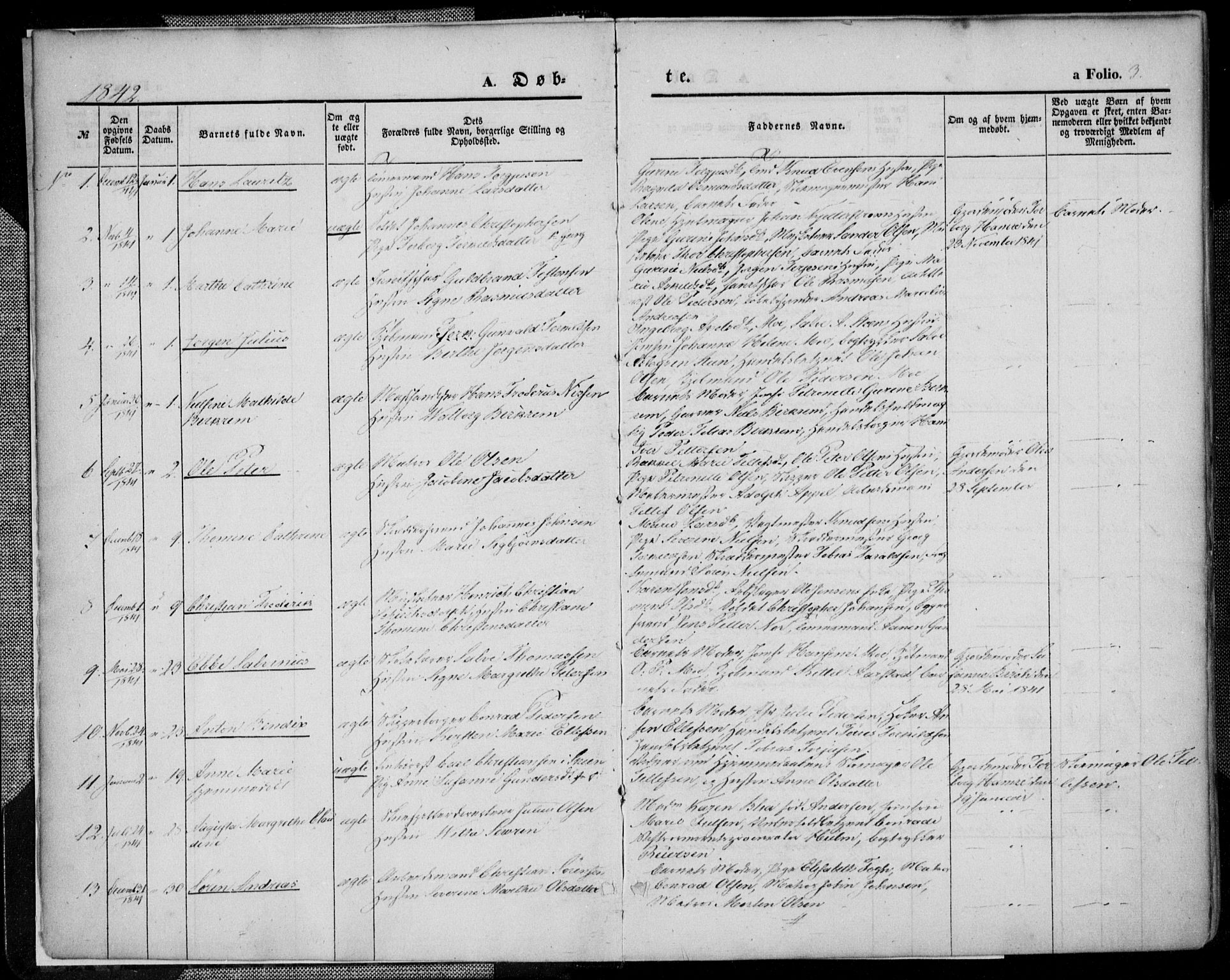 Kristiansand domprosti, AV/SAK-1112-0006/F/Fa/L0013: Parish register (official) no. A 13, 1842-1851, p. 3