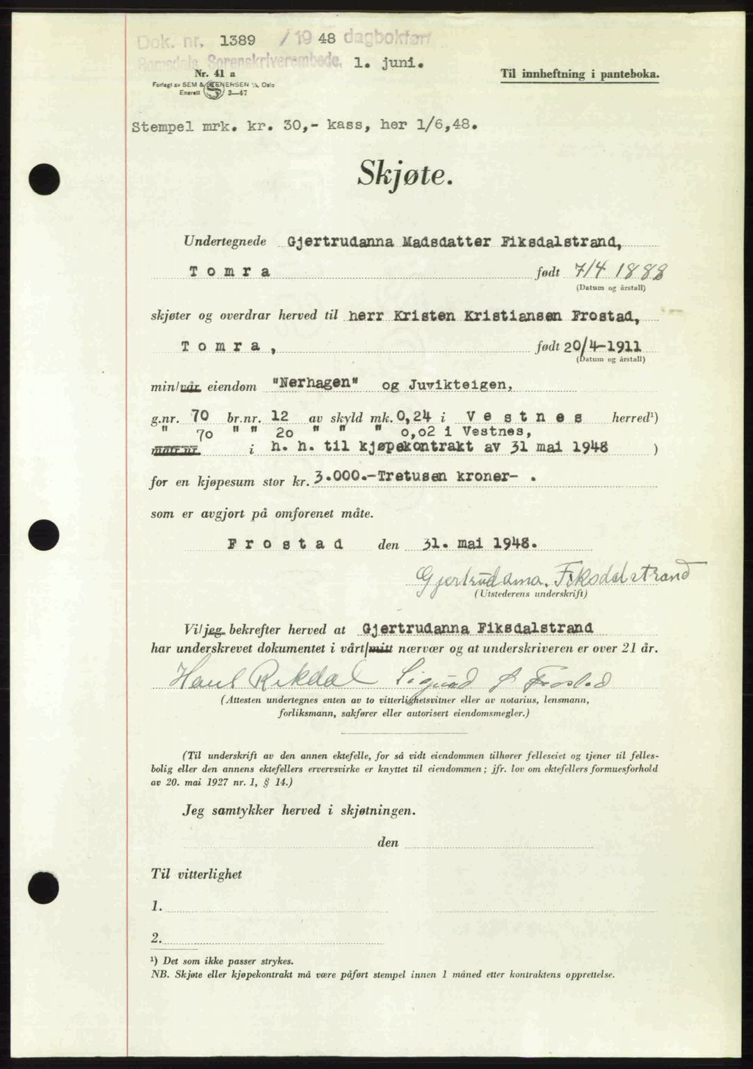 Romsdal sorenskriveri, AV/SAT-A-4149/1/2/2C: Mortgage book no. A26, 1948-1948, Diary no: : 1389/1948