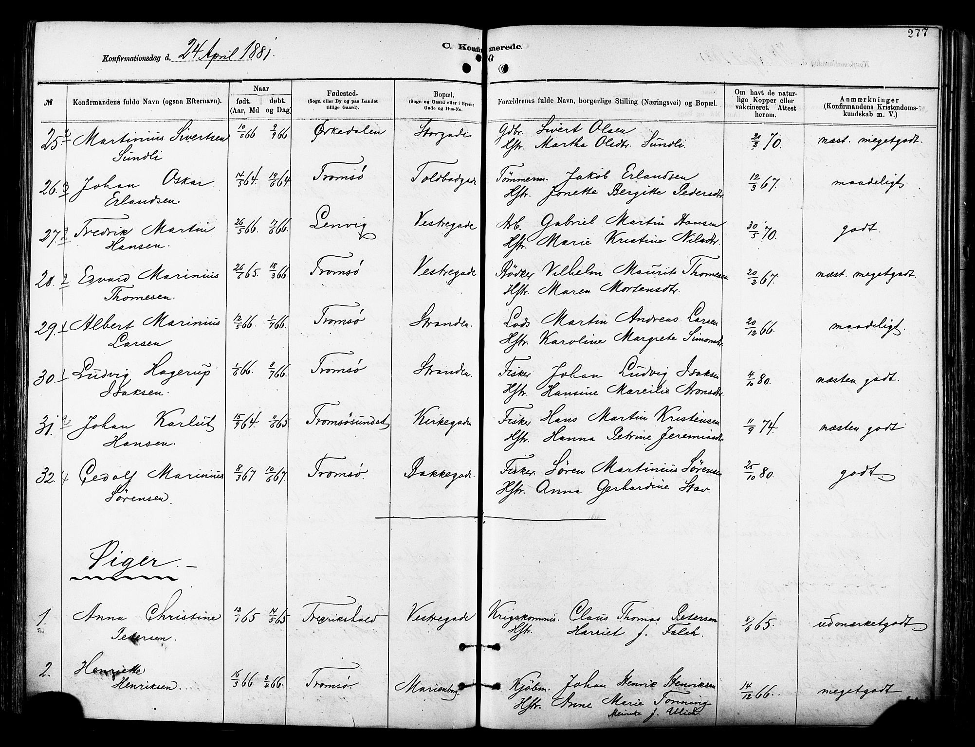 Tromsø sokneprestkontor/stiftsprosti/domprosti, AV/SATØ-S-1343/G/Ga/L0014kirke: Parish register (official) no. 14, 1878-1888, p. 277