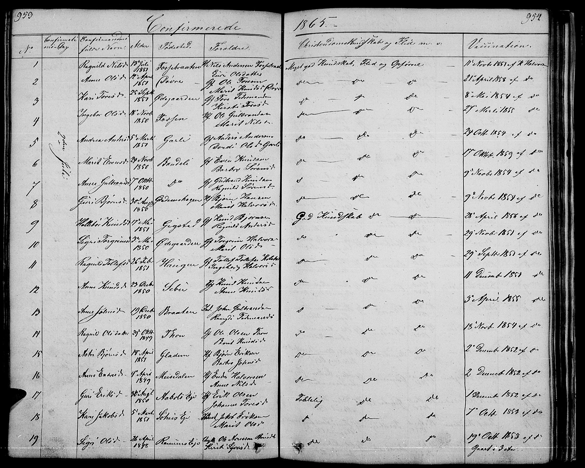 Nord-Aurdal prestekontor, SAH/PREST-132/H/Ha/Hab/L0001: Parish register (copy) no. 1, 1834-1887, p. 953-954