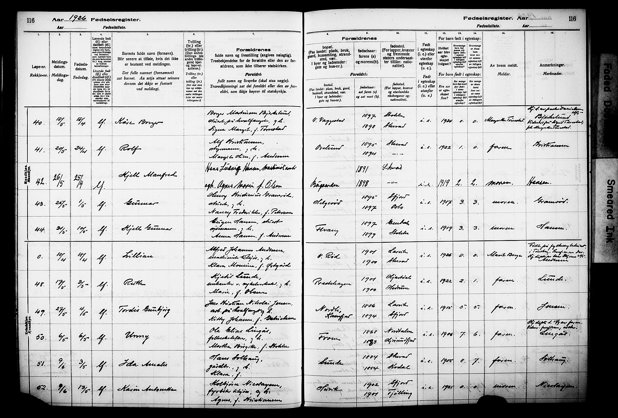 Sandar kirkebøker, AV/SAKO-A-243/J/Ja/L0002: Birth register no. 2, 1922-1929, p. 116