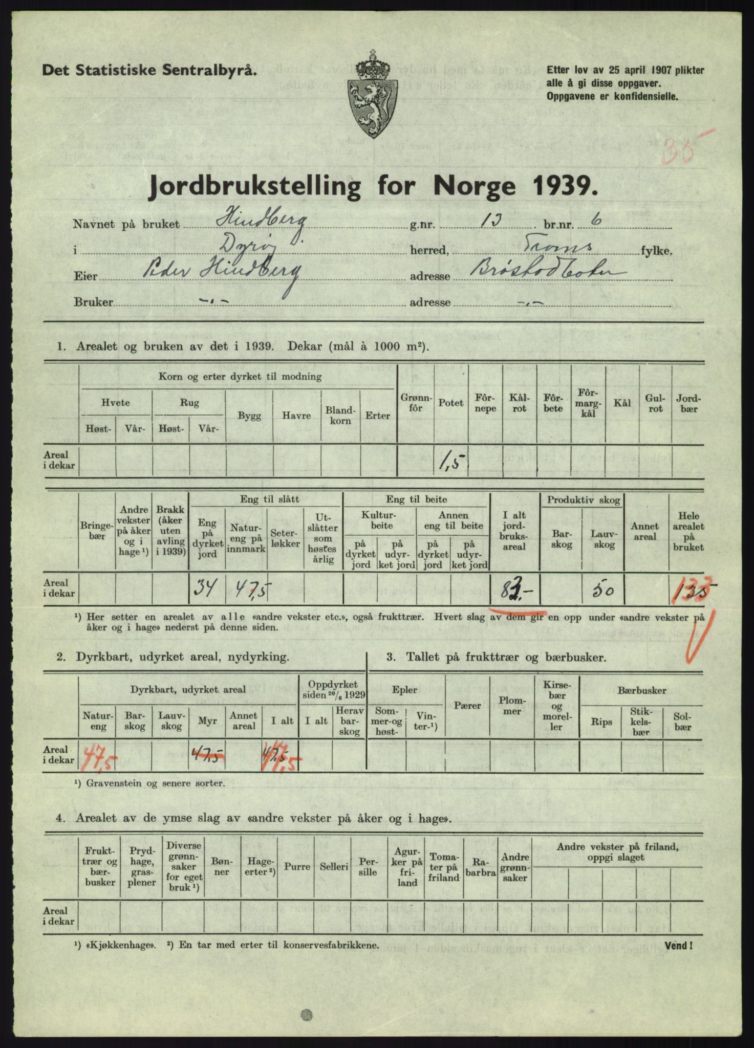 Statistisk sentralbyrå, Næringsøkonomiske emner, Jordbruk, skogbruk, jakt, fiske og fangst, AV/RA-S-2234/G/Gb/L0340: Troms: Salangen og Dyrøy, 1939, p. 1523