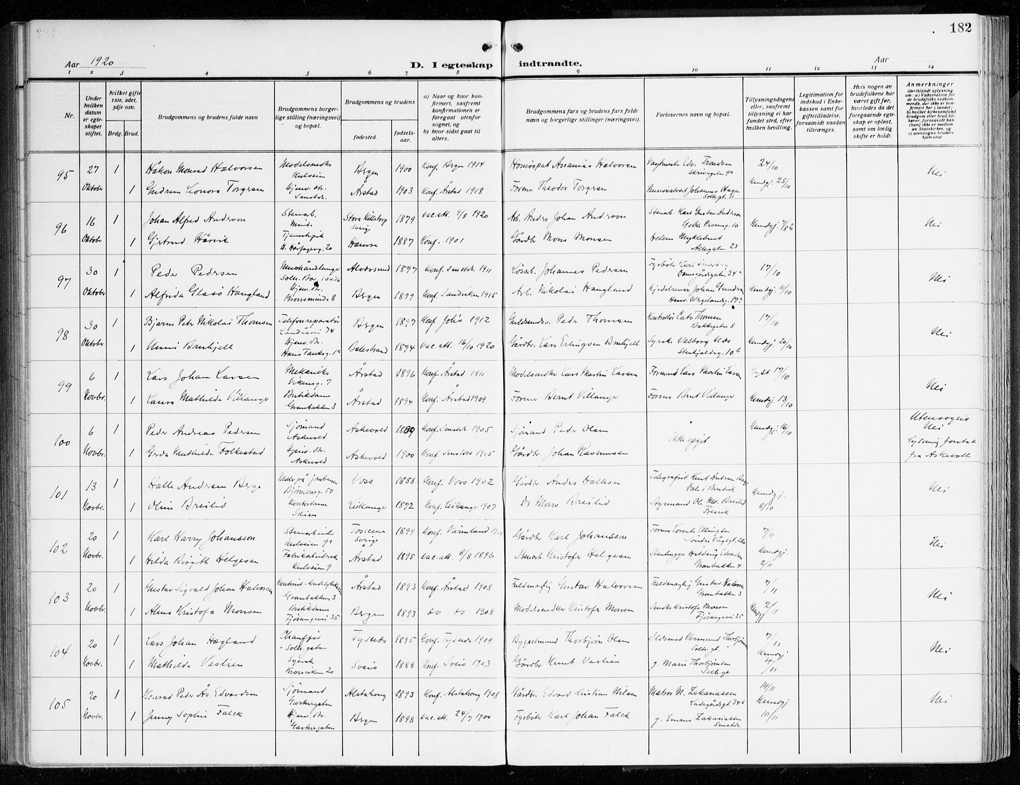 Årstad Sokneprestembete, AV/SAB-A-79301/H/Haa/L0004: Parish register (official) no. A 4, 1919-1928, p. 182