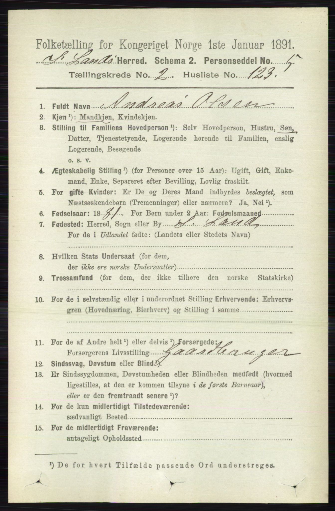 RA, 1891 census for 0536 Søndre Land, 1891, p. 1786