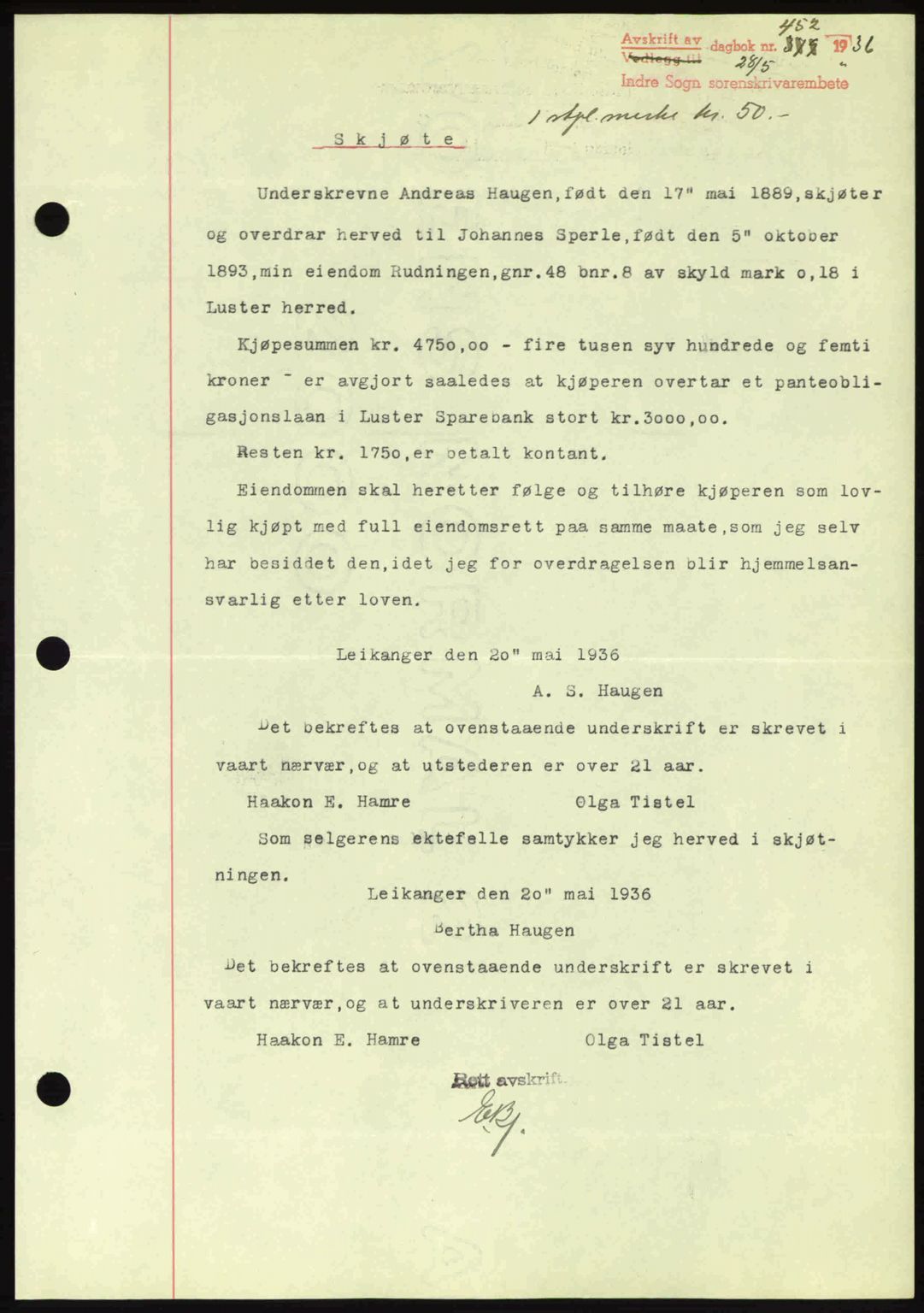 Indre Sogn tingrett, SAB/A-3301/1/G/Gb/Gba/L0030: Mortgage book no. 30, 1935-1937, Deed date: 28.05.1936