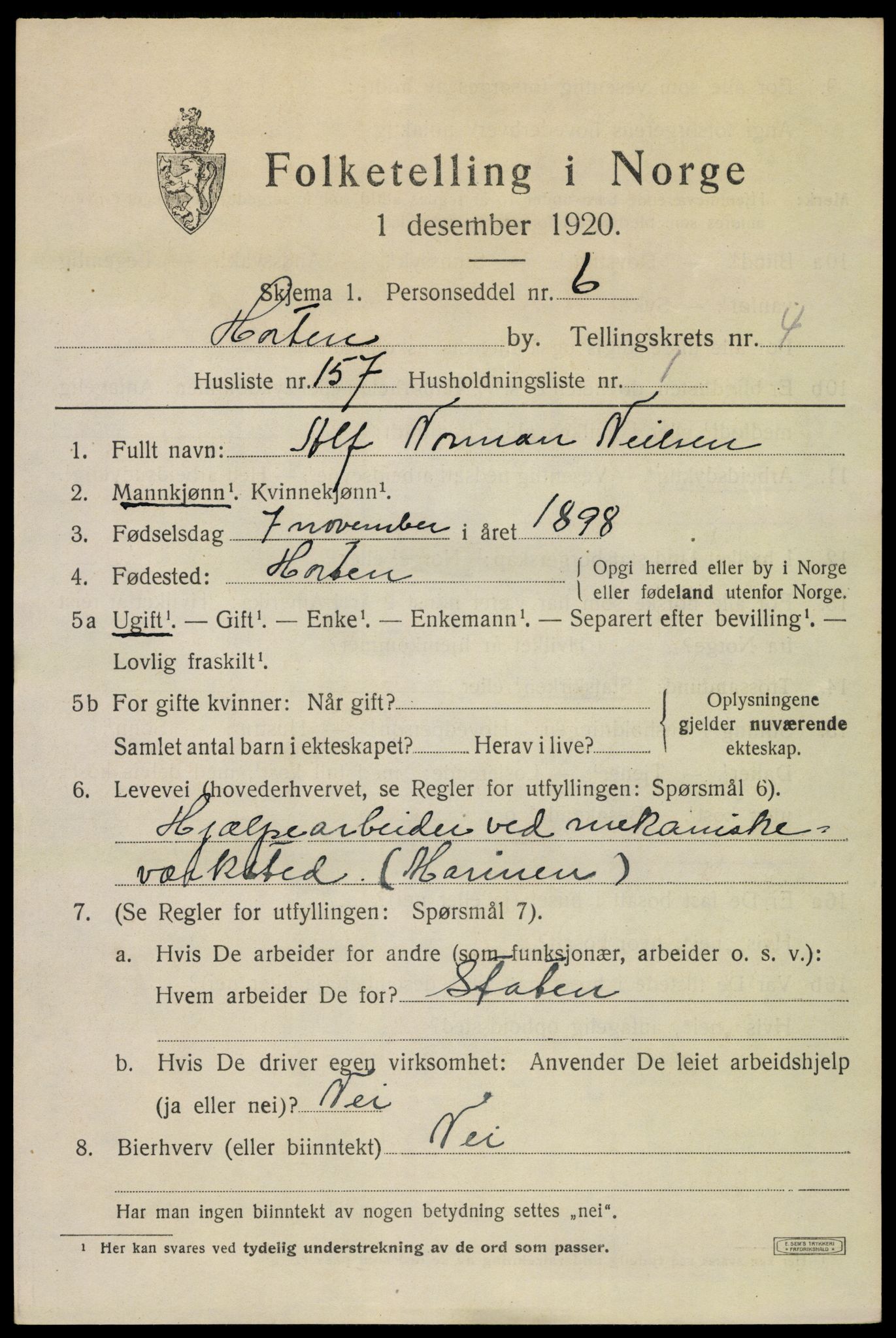 SAKO, 1920 census for Horten, 1920, p. 19307