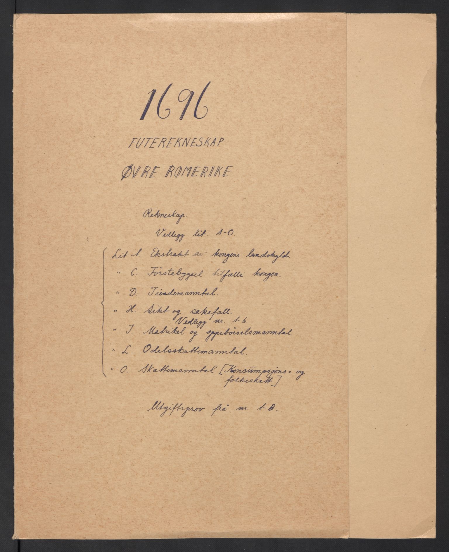 Rentekammeret inntil 1814, Reviderte regnskaper, Fogderegnskap, RA/EA-4092/R12/L0708: Fogderegnskap Øvre Romerike, 1696, p. 2