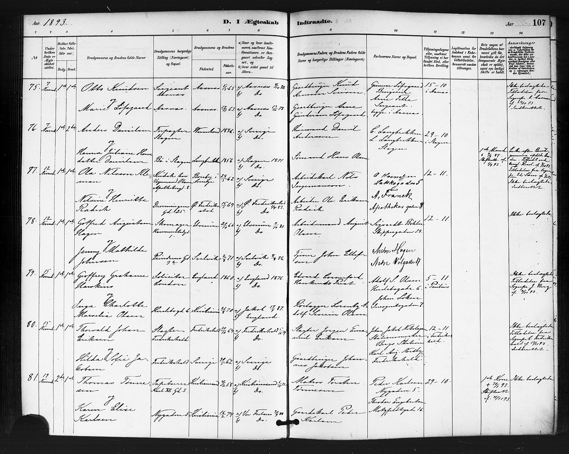 Oslo domkirke Kirkebøker, AV/SAO-A-10752/F/Fa/L0032: Parish register (official) no. 32, 1885-1902, p. 107