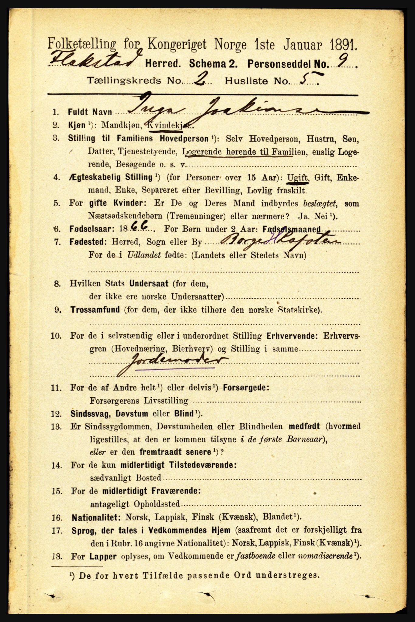 RA, 1891 census for 1859 Flakstad, 1891, p. 641