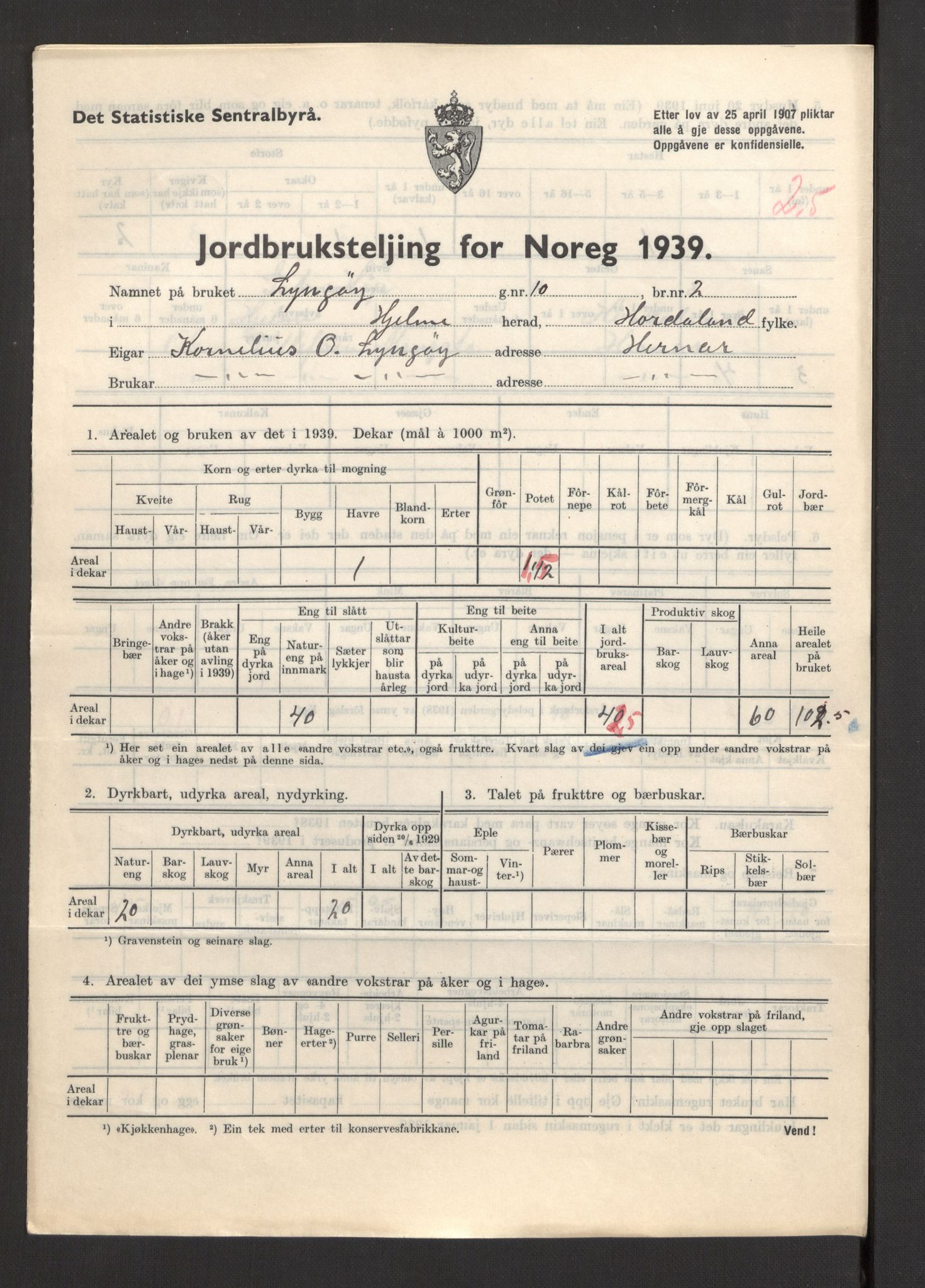 Statistisk sentralbyrå, Næringsøkonomiske emner, Jordbruk, skogbruk, jakt, fiske og fangst, AV/RA-S-2234/G/Gb/L0211: Hordaland: Herdla, Hjelme og Manger, 1939, p. 1391