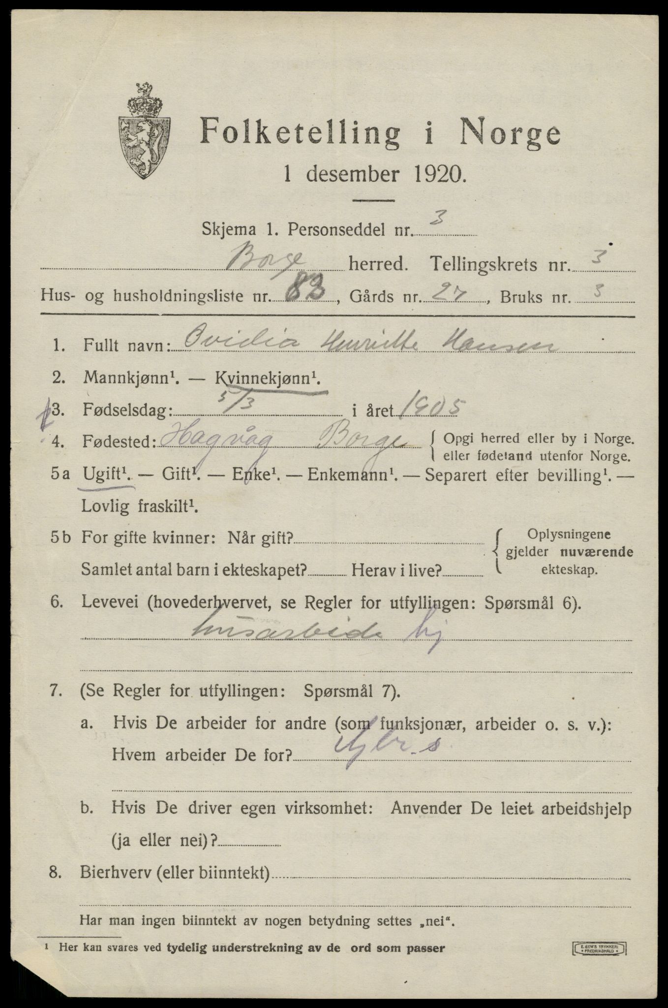 SAT, 1920 census for Borge, 1920, p. 4291