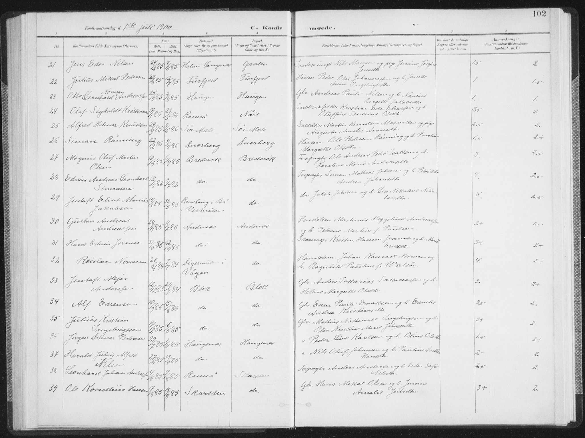 Ministerialprotokoller, klokkerbøker og fødselsregistre - Nordland, SAT/A-1459/897/L1400: Parish register (official) no. 897A07, 1897-1908, p. 102