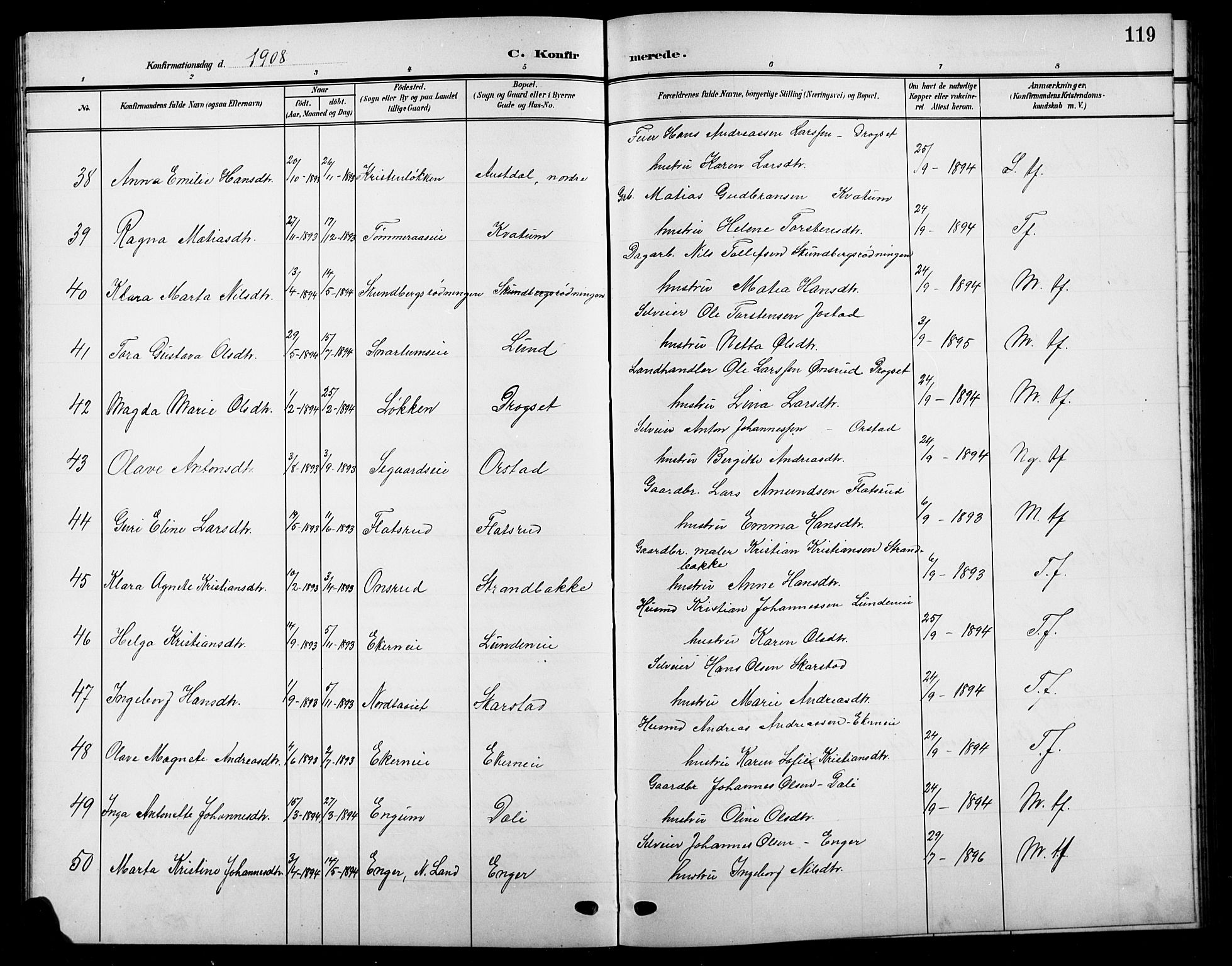 Biri prestekontor, SAH/PREST-096/H/Ha/Hab/L0005: Parish register (copy) no. 5, 1906-1919, p. 119