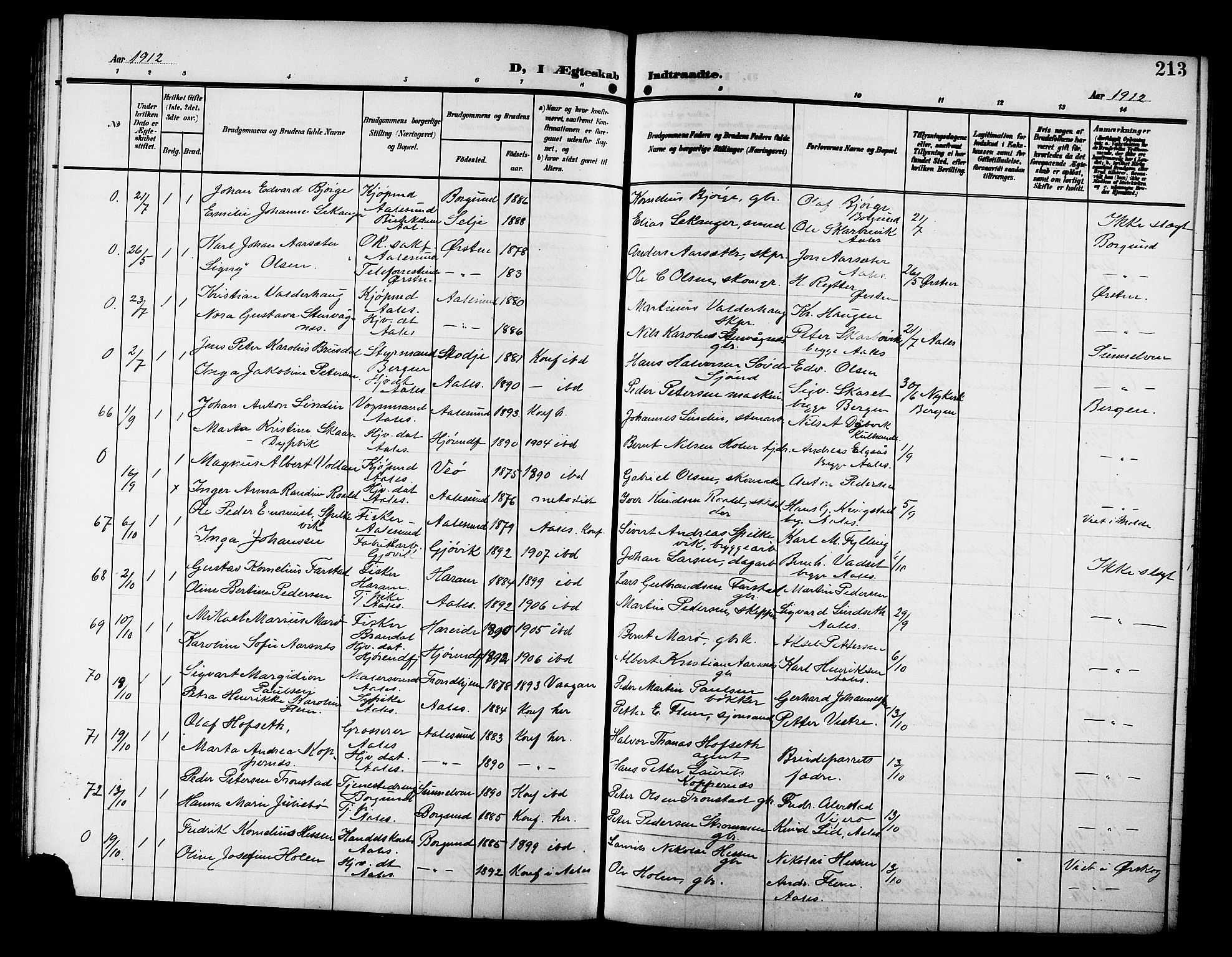 Ministerialprotokoller, klokkerbøker og fødselsregistre - Møre og Romsdal, AV/SAT-A-1454/529/L0470: Parish register (copy) no. 529C07, 1907-1917, p. 213