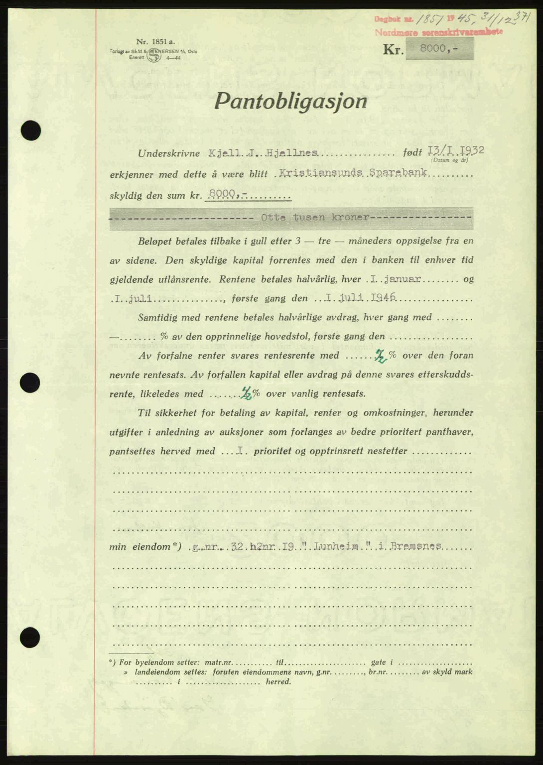 Nordmøre sorenskriveri, AV/SAT-A-4132/1/2/2Ca: Mortgage book no. B93a, 1945-1945, Diary no: : 1851/1945