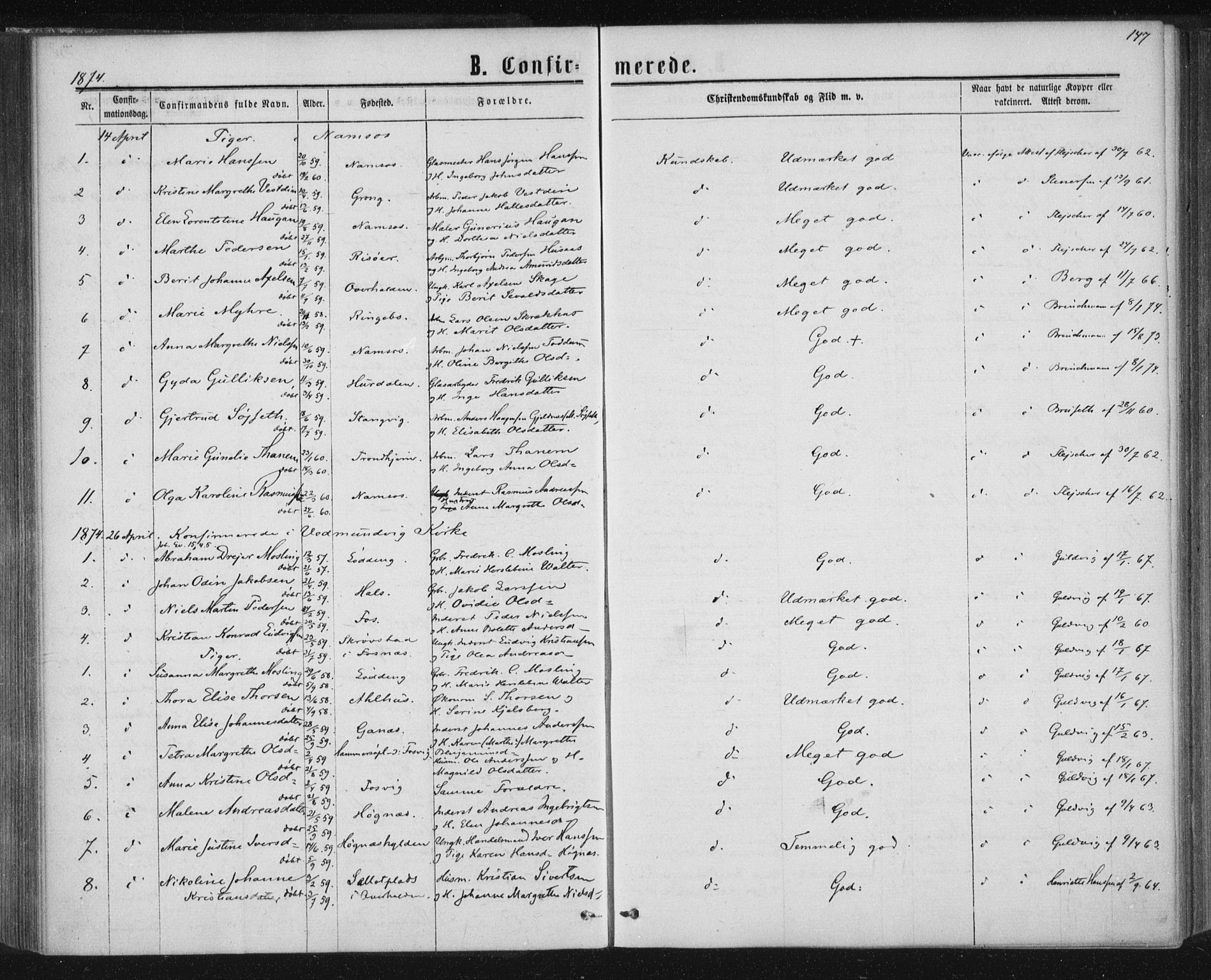 Ministerialprotokoller, klokkerbøker og fødselsregistre - Nord-Trøndelag, SAT/A-1458/768/L0570: Parish register (official) no. 768A05, 1865-1874, p. 147