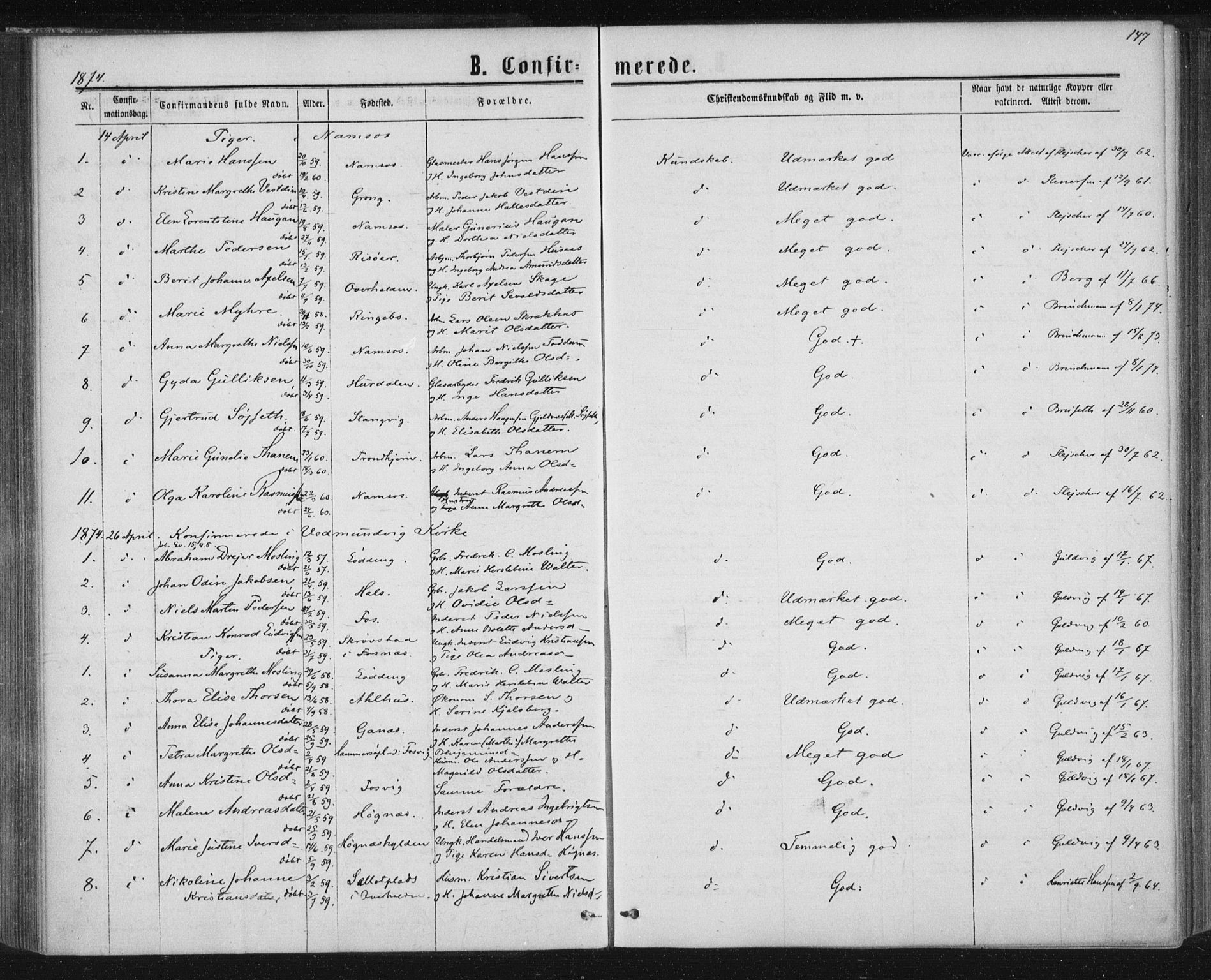 Ministerialprotokoller, klokkerbøker og fødselsregistre - Nord-Trøndelag, AV/SAT-A-1458/768/L0570: Parish register (official) no. 768A05, 1865-1874, p. 147