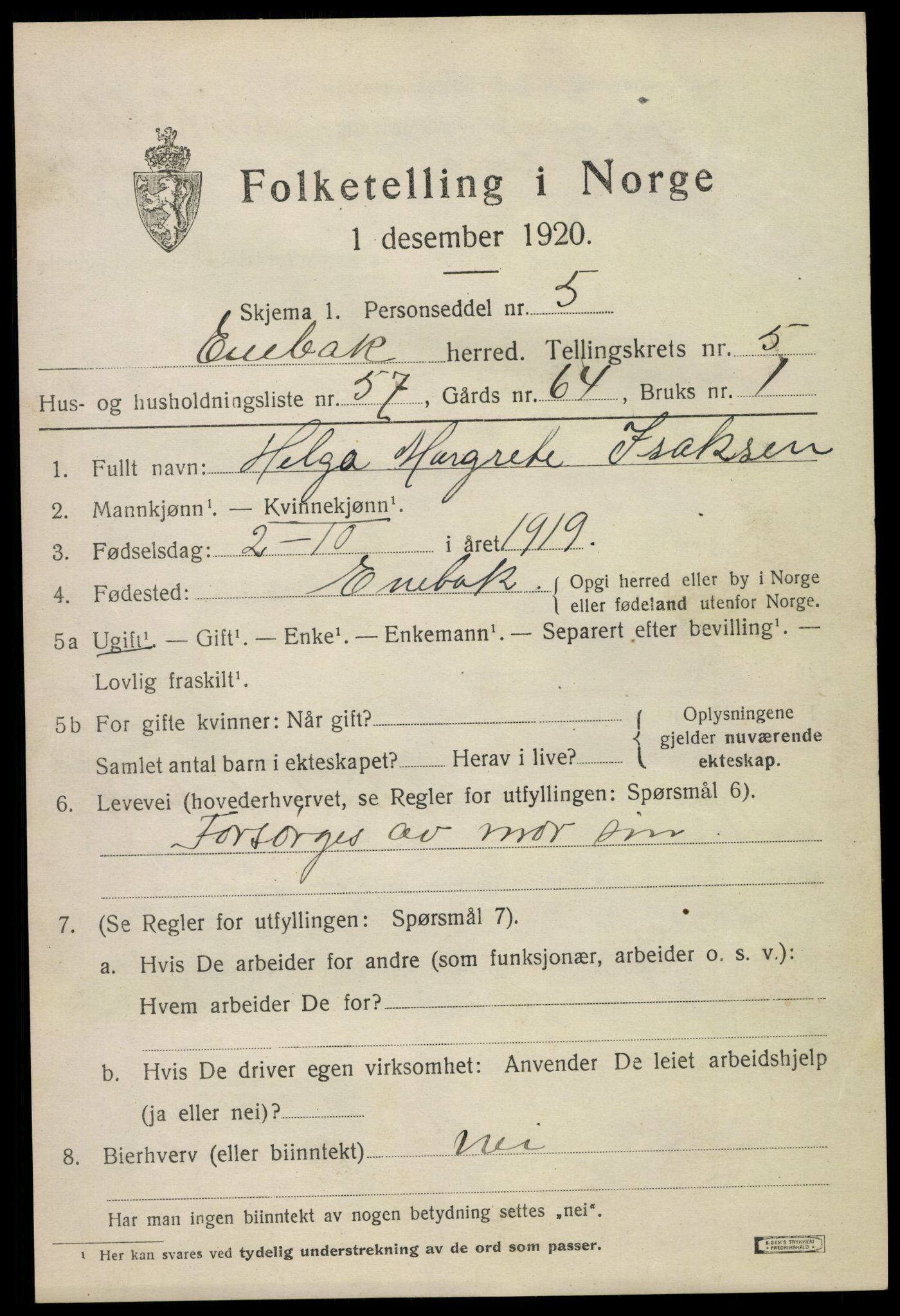 SAO, 1920 census for Enebakk, 1920, p. 4703