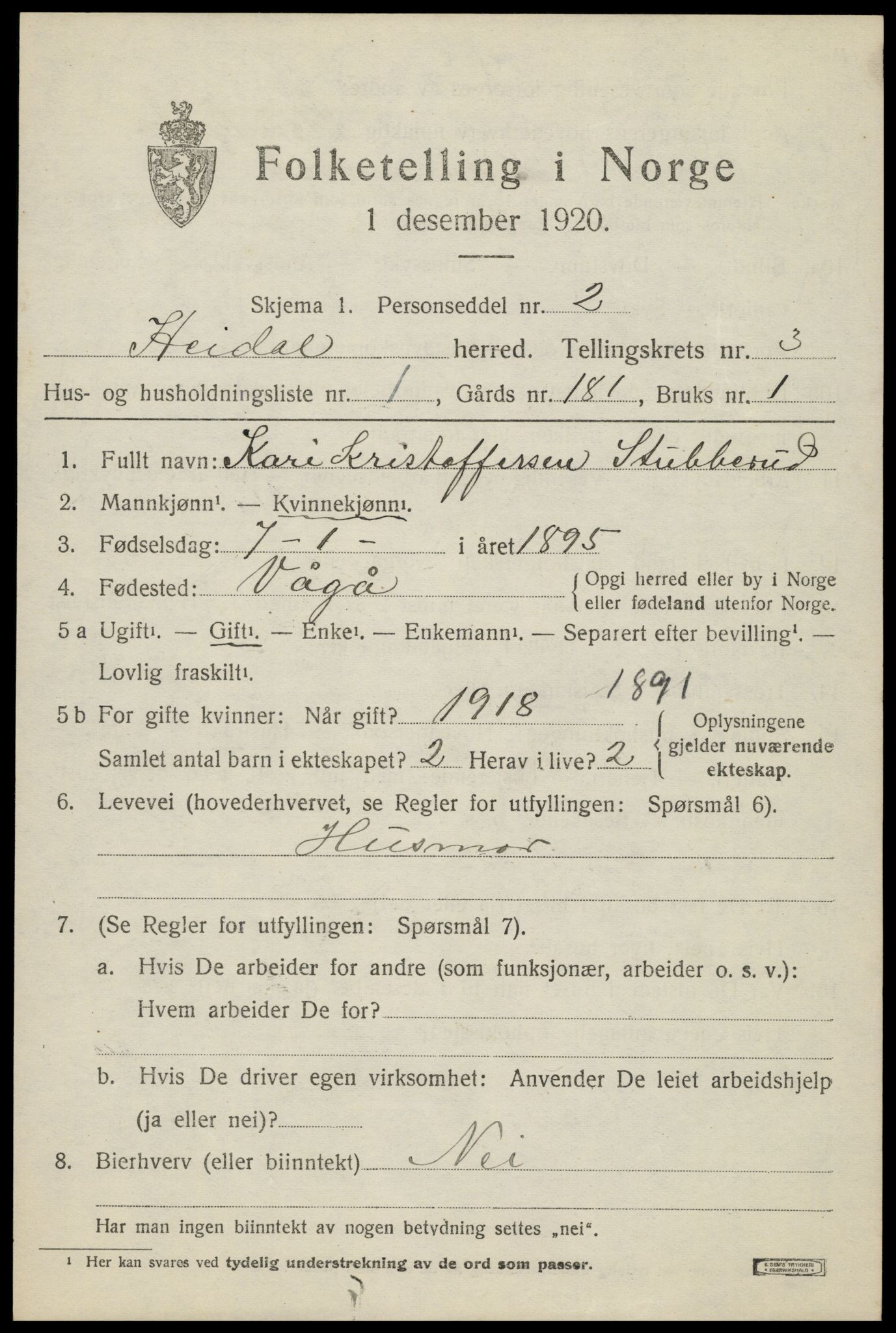 SAH, 1920 census for Heidal, 1920, p. 1418