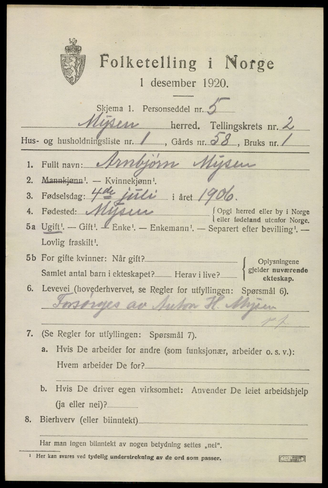 SAO, 1920 census for Mysen, 1920, p. 939