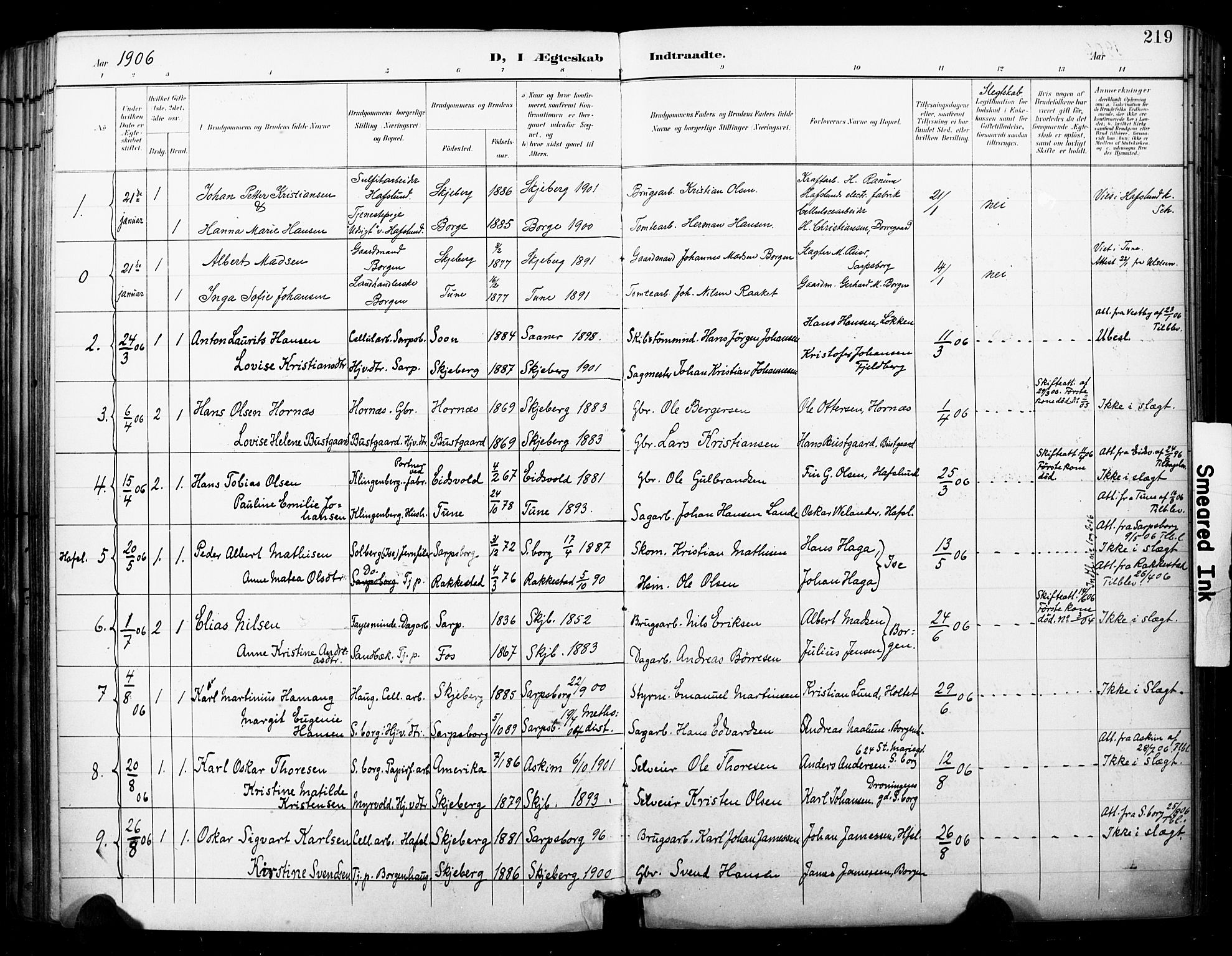 Skjeberg prestekontor Kirkebøker, SAO/A-10923/F/Fa/L0010: Parish register (official) no. I 10, 1898-1911, p. 219