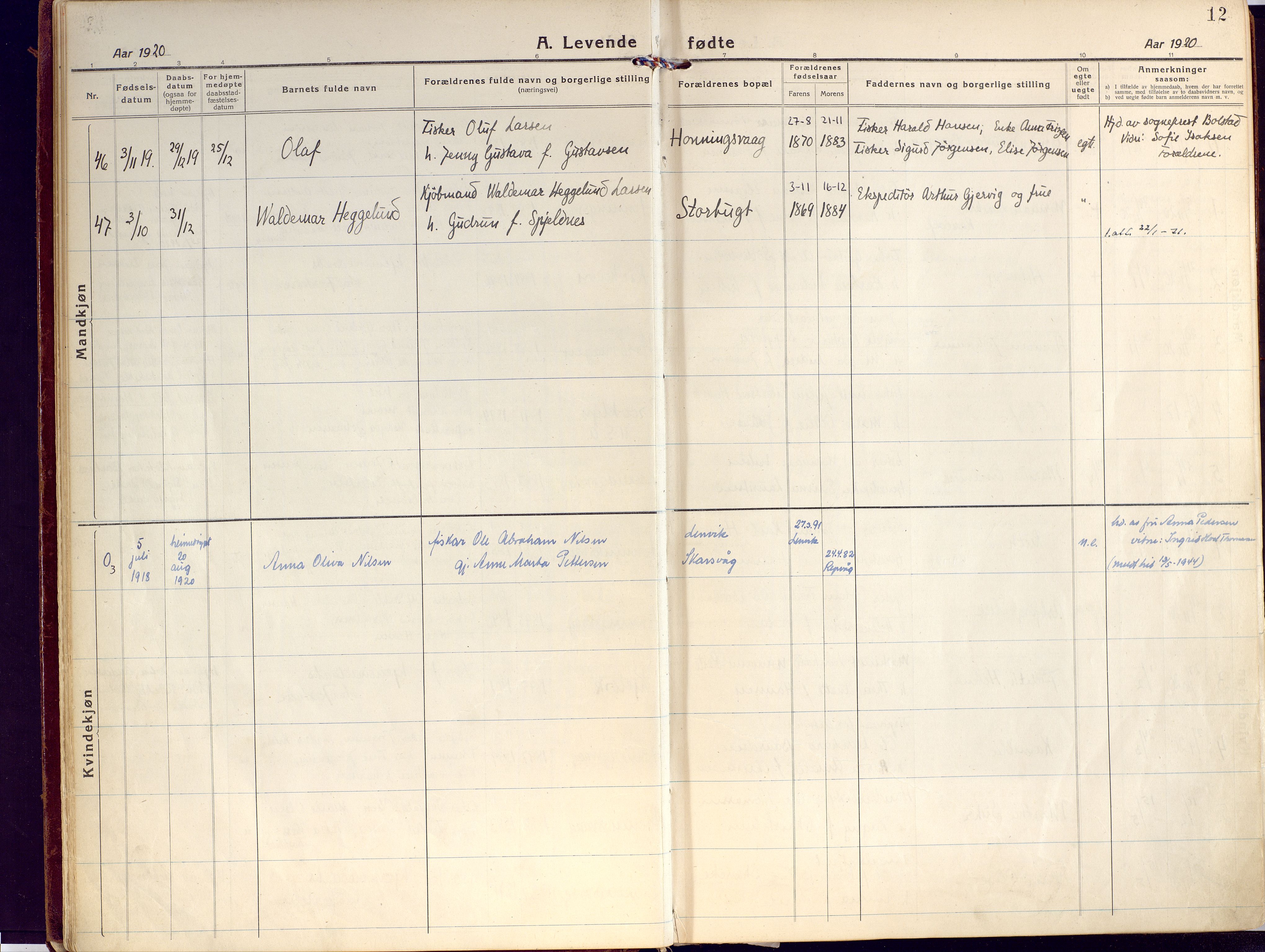 Kjelvik/Nordkapp sokneprestkontor, AV/SATØ-S-1350/H/Ha/L0002kirke: Parish register (official) no. 2, 1920-1929, p. 12