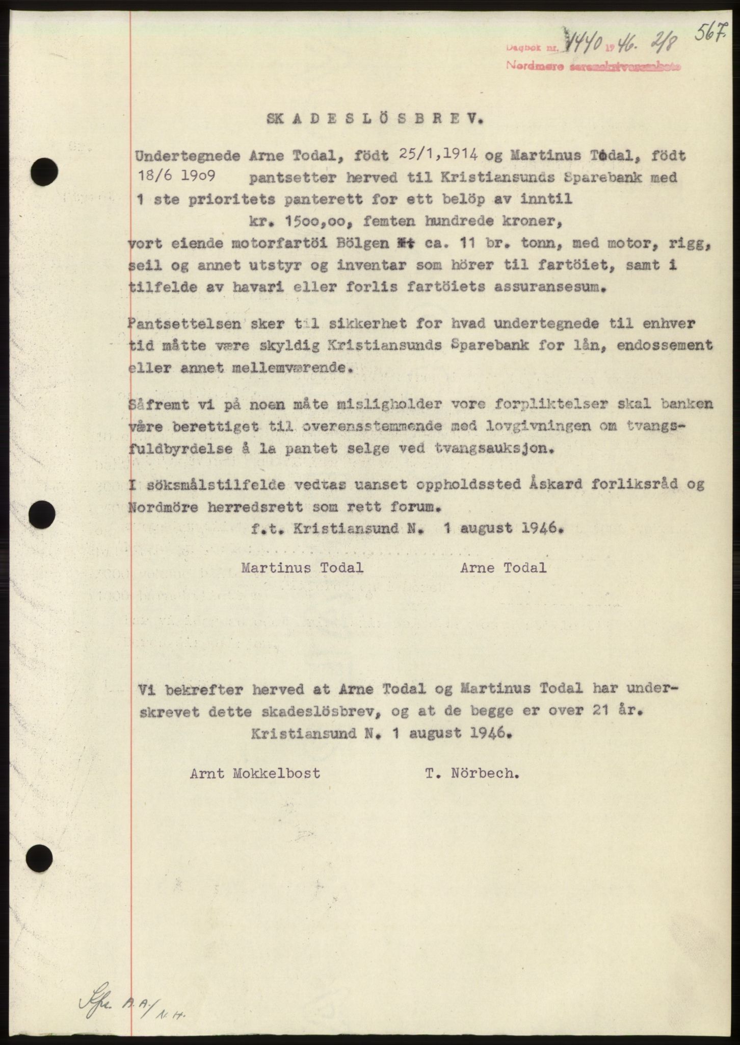 Nordmøre sorenskriveri, AV/SAT-A-4132/1/2/2Ca: Mortgage book no. B94, 1946-1946, Diary no: : 1440/1946