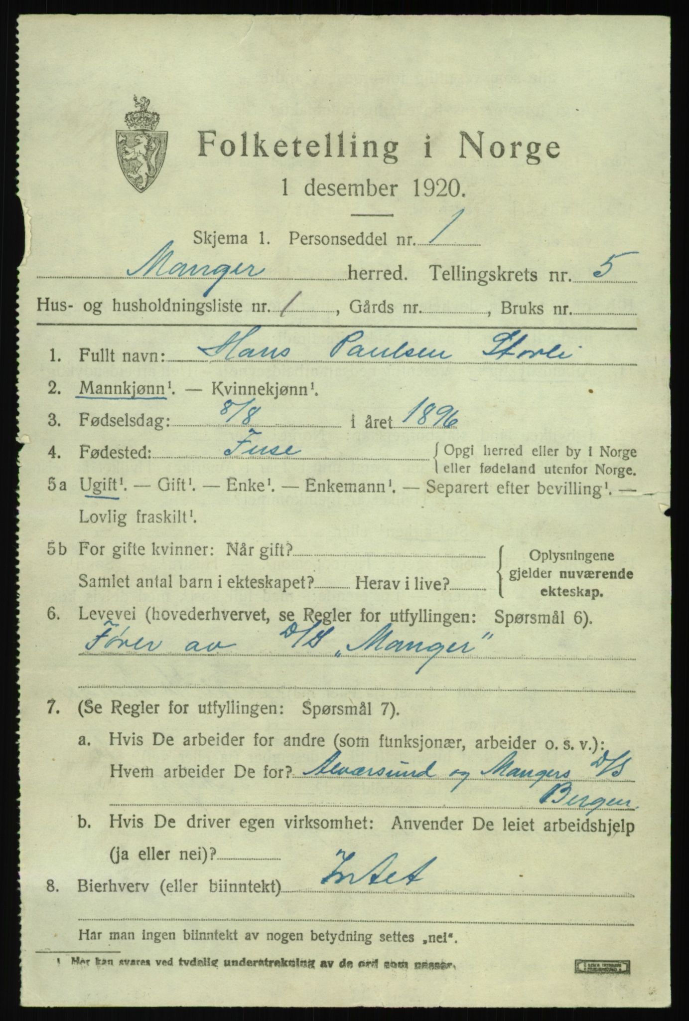 SAB, 1920 census for Manger, 1920, p. 3255