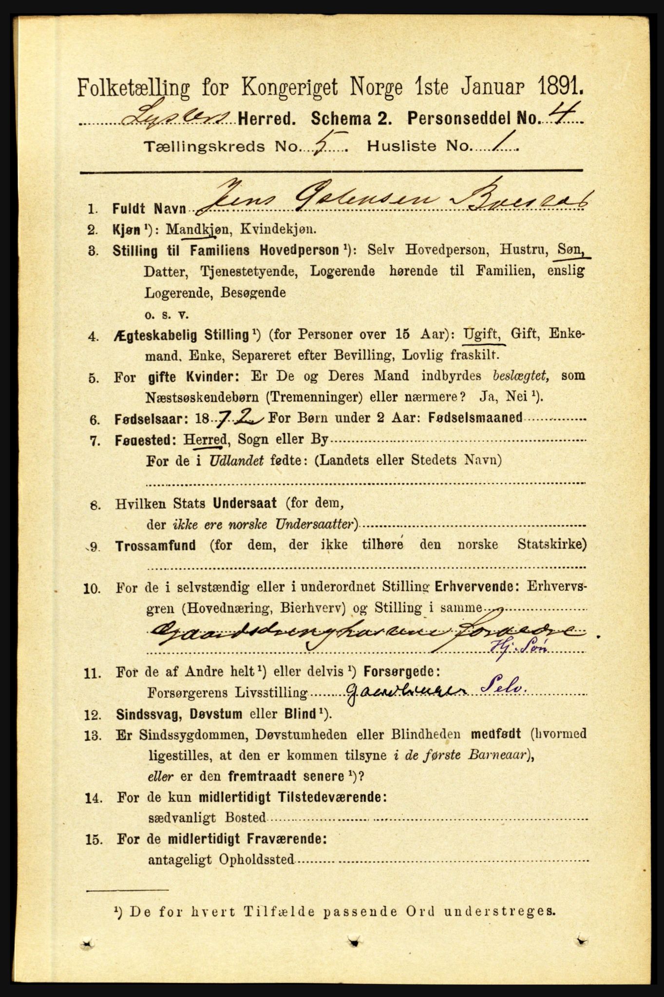 RA, 1891 census for 1426 Luster, 1891, p. 1593