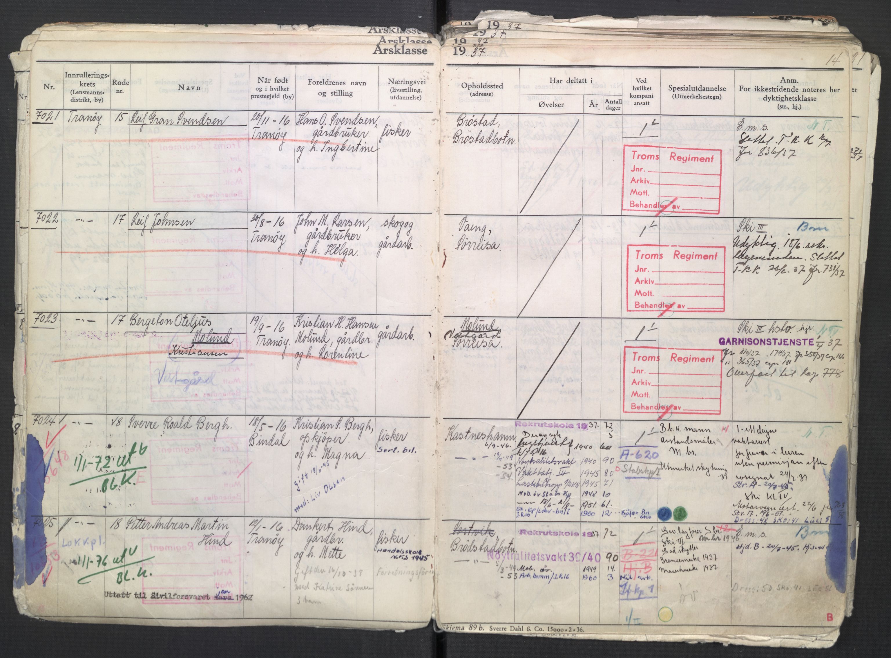 Forsvaret, Troms infanteriregiment nr. 16, AV/RA-RAFA-3146/P/Pa/L0007/0002: Ruller / Rulle for regimentets menige mannskaper, årsklasse 1937, 1937, p. 14