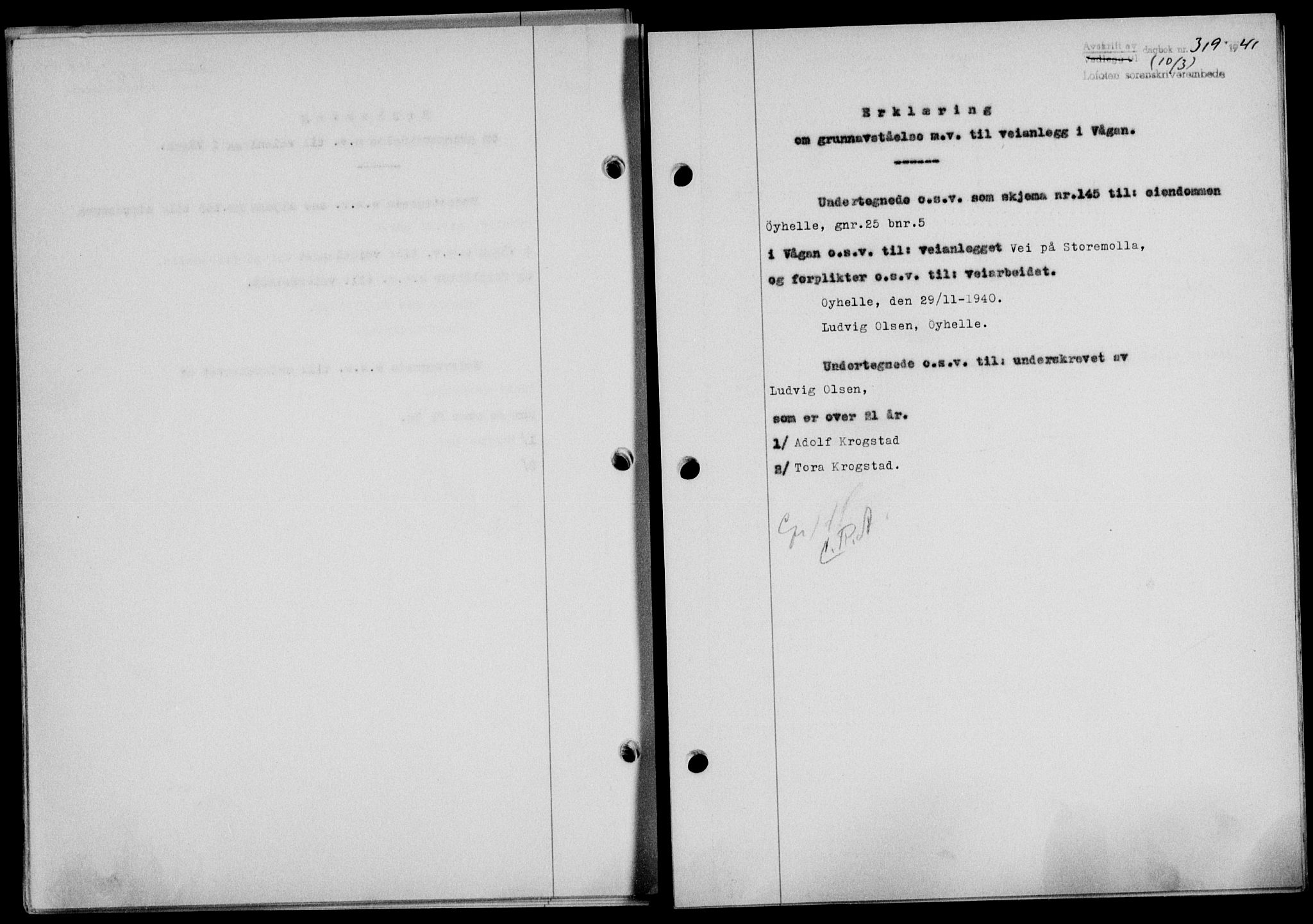 Lofoten sorenskriveri, SAT/A-0017/1/2/2C/L0008a: Mortgage book no. 8a, 1940-1941, Diary no: : 319/1941