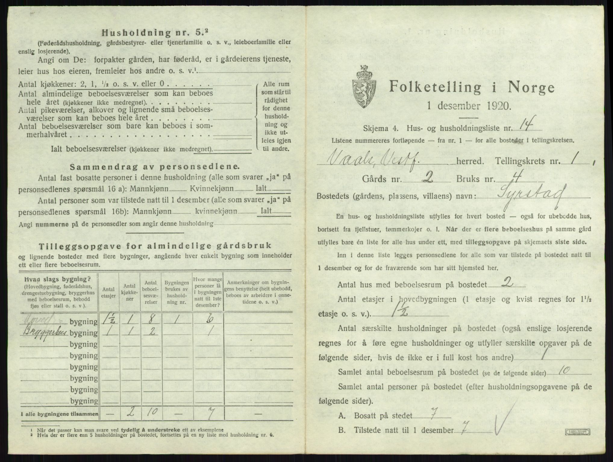 SAKO, 1920 census for Våle, 1920, p. 73