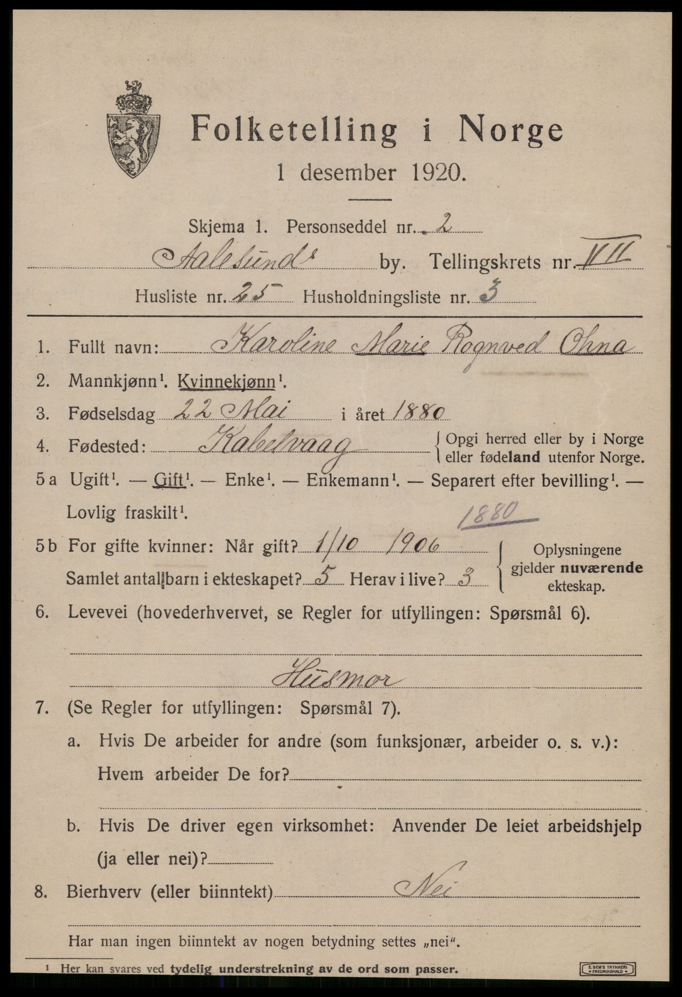 SAT, 1920 census for Ålesund, 1920, p. 20034