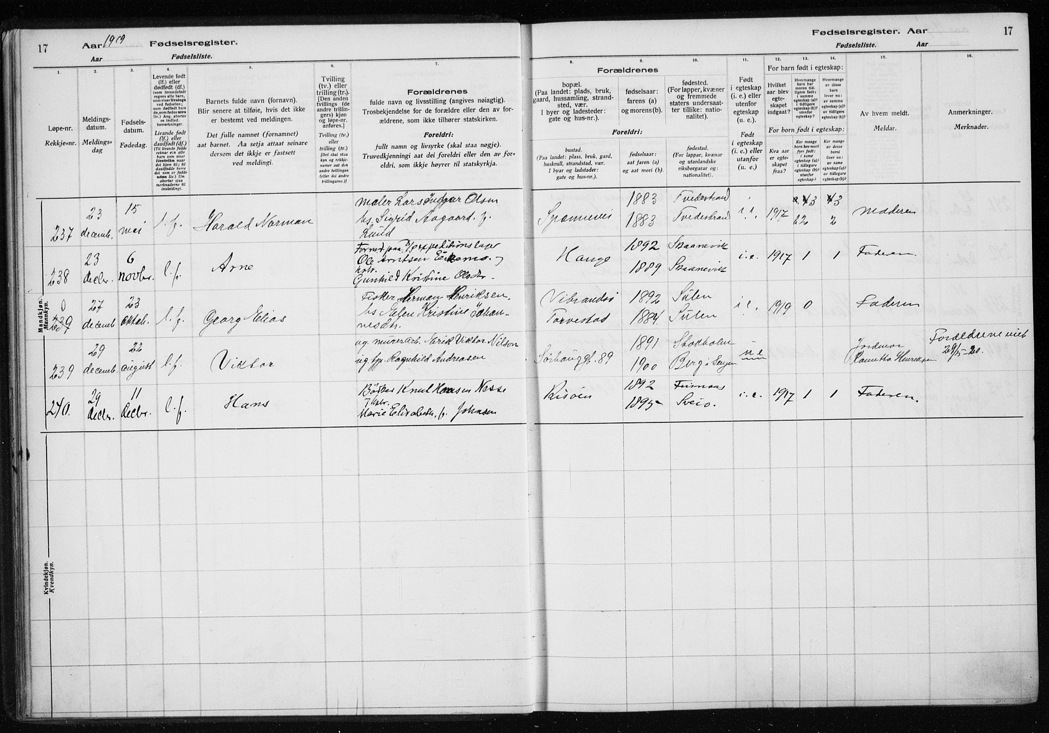 Haugesund sokneprestkontor, AV/SAST-A -101863/I/Id/L0004: Birth register no. 2, 1919-1923, p. 17