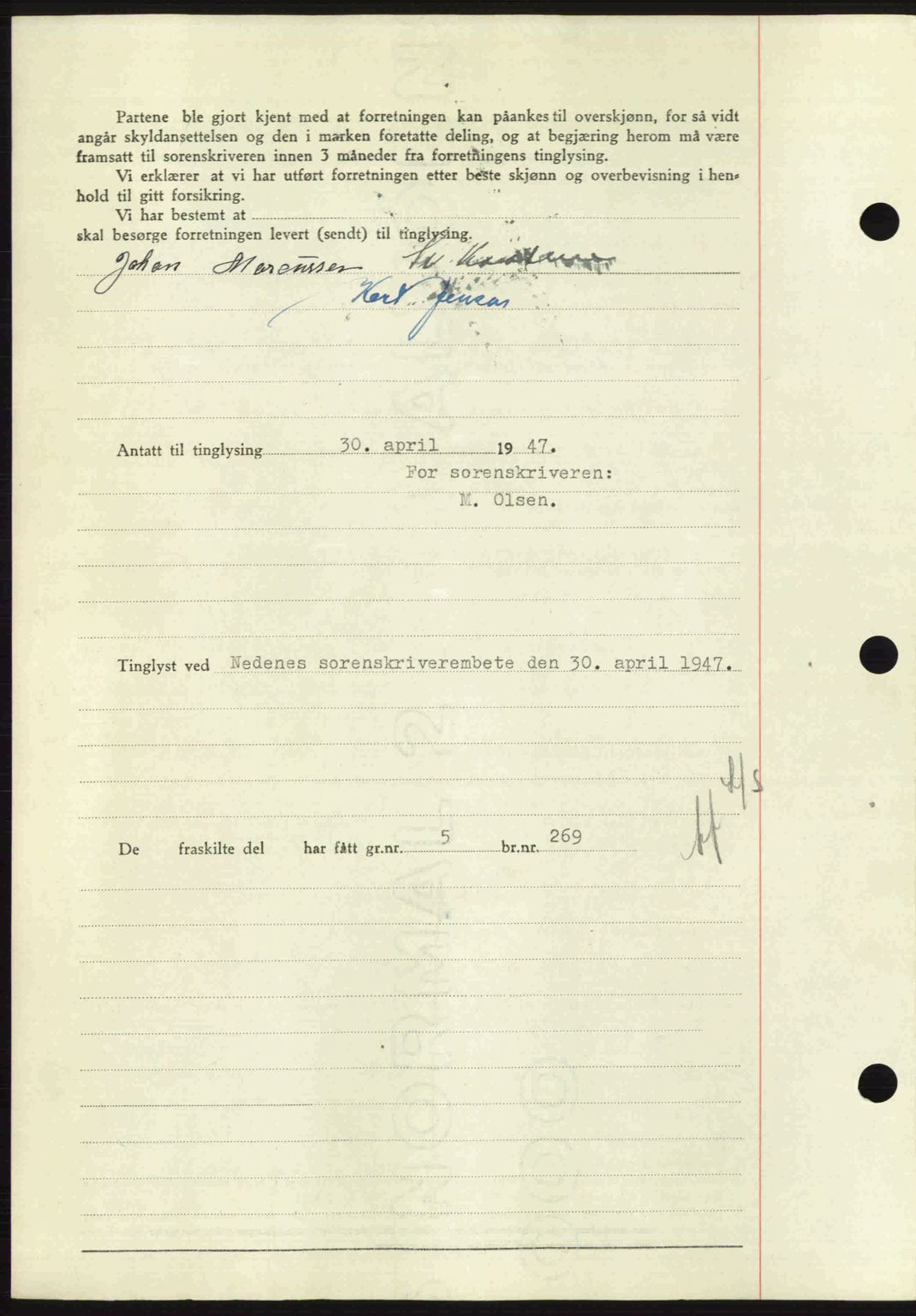 Nedenes sorenskriveri, AV/SAK-1221-0006/G/Gb/Gba/L0057: Mortgage book no. A9, 1947-1947, Diary no: : 510/1947