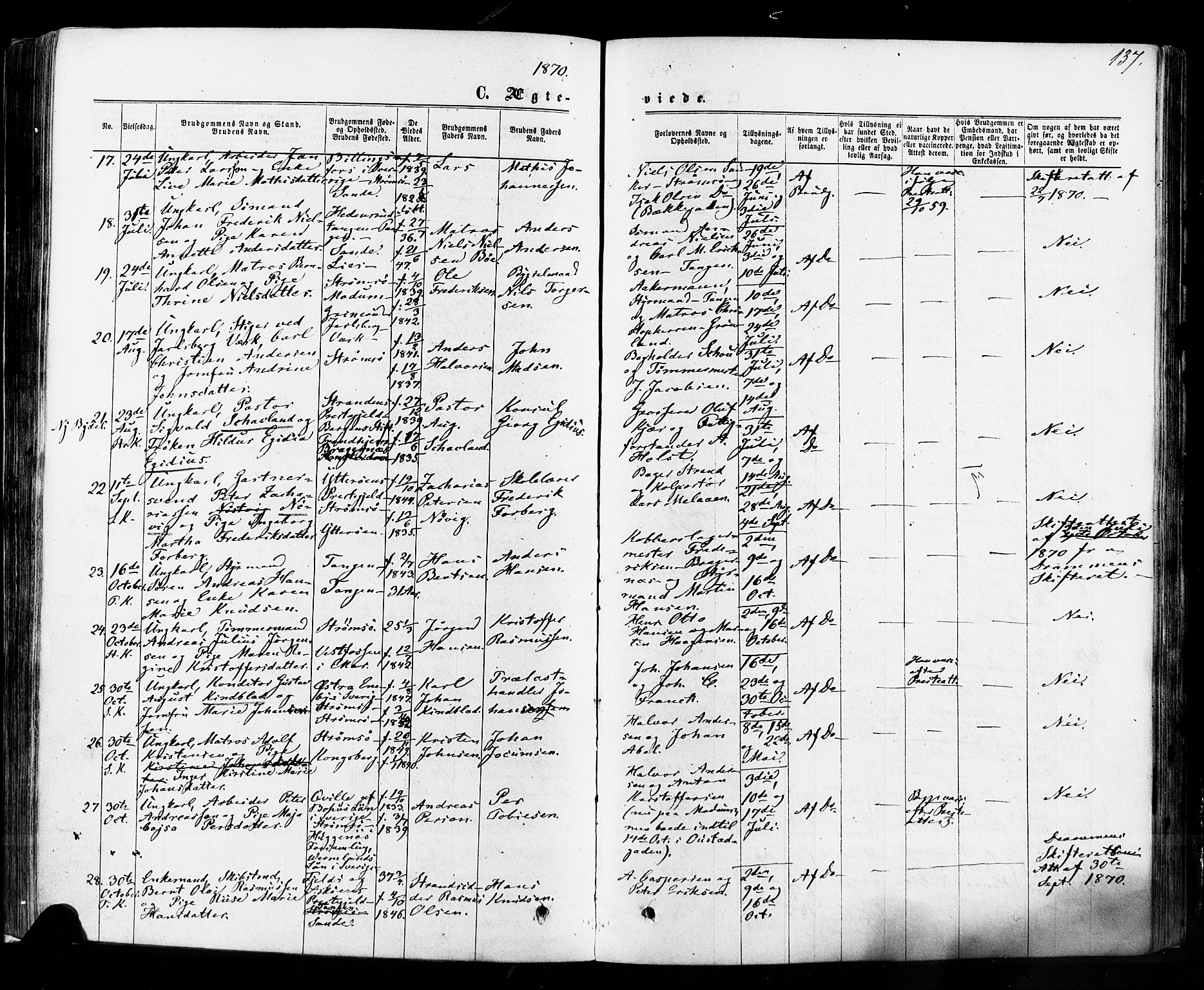 Strømsø kirkebøker, SAKO/A-246/F/Fa/L0018: Parish register (official) no. I 18, 1865-1878, p. 137